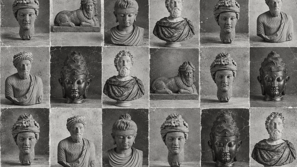 Black-and-white grid of ancient sculptural busts and Buddha heads arranged in an archival museum-style composition.