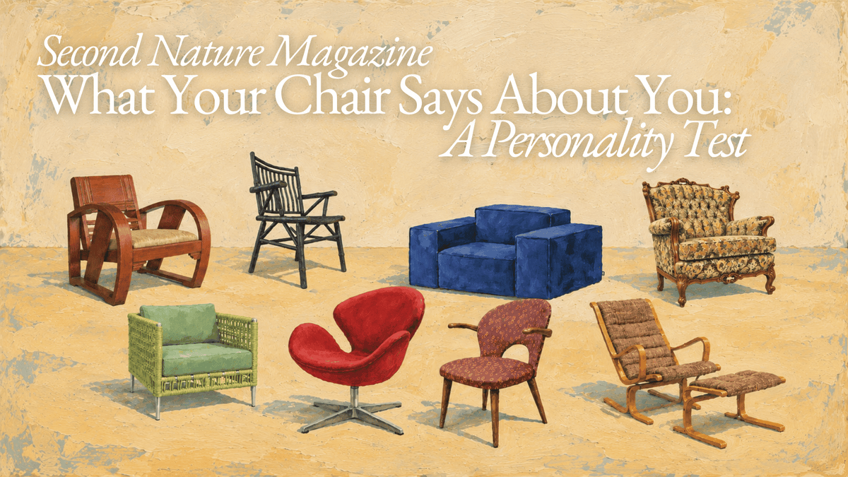 Cover image: Illustrated collection of statement armchairs in different styles against a textured cream background for Second Nature Magazine’s “What Your Chair Says About You.”