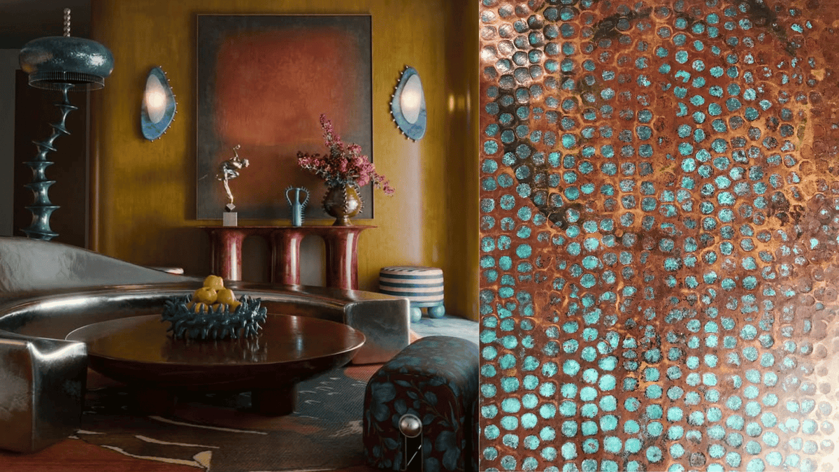 Eclectic interior with bronze-toned walls, sculptural lighting and furniture, paired with a close-up of oxidized copper and turquoise patina.