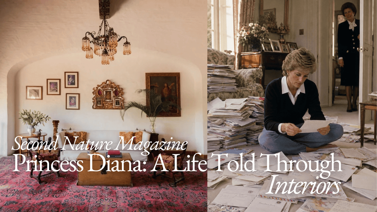 Princess Diana interiors feature for Second Nature Magazine, showing a traditional sitting room alongside Diana at home surrounded by letters and papers.