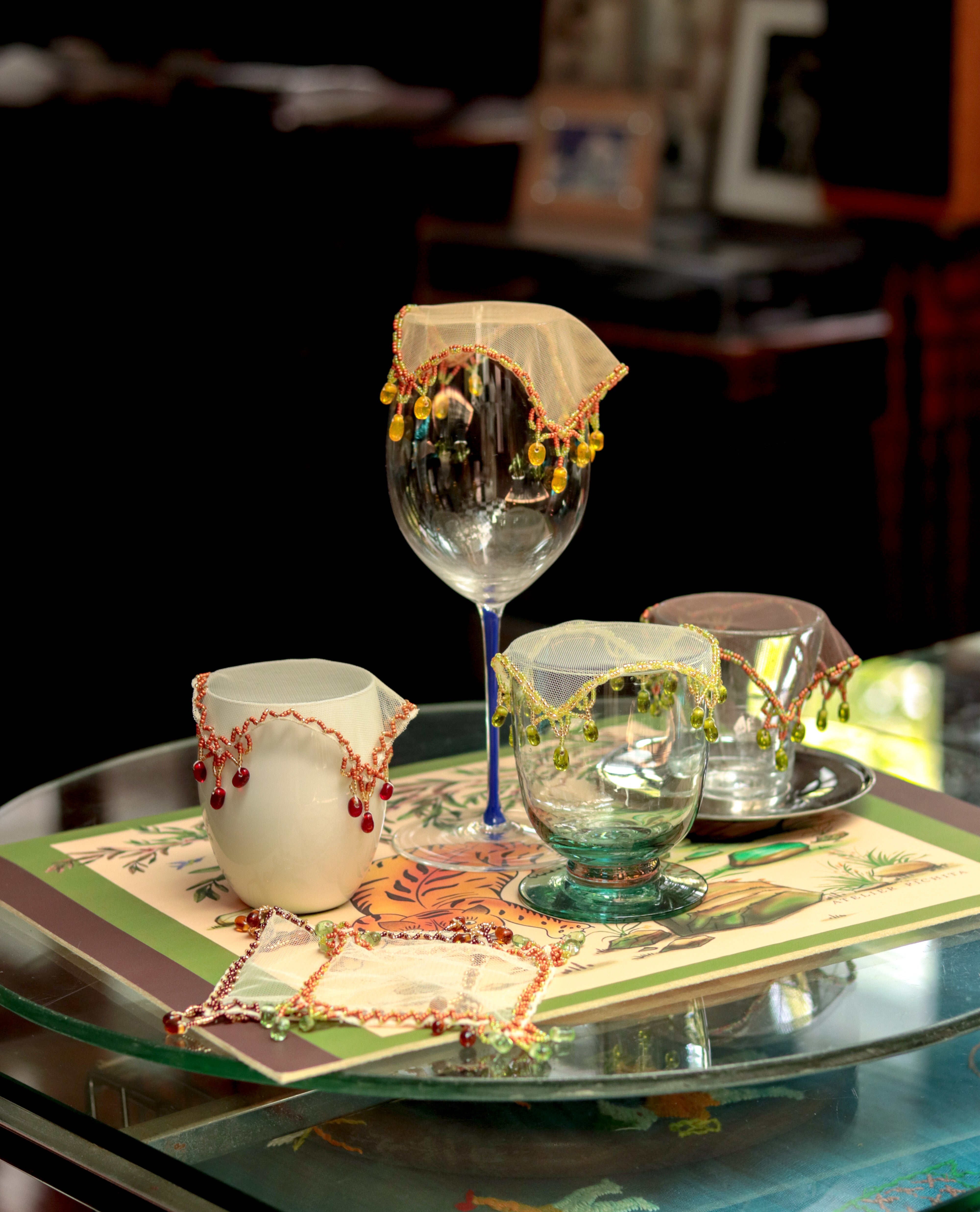 Hand-Embroidered Glass Cover - Set of 6 (Red)