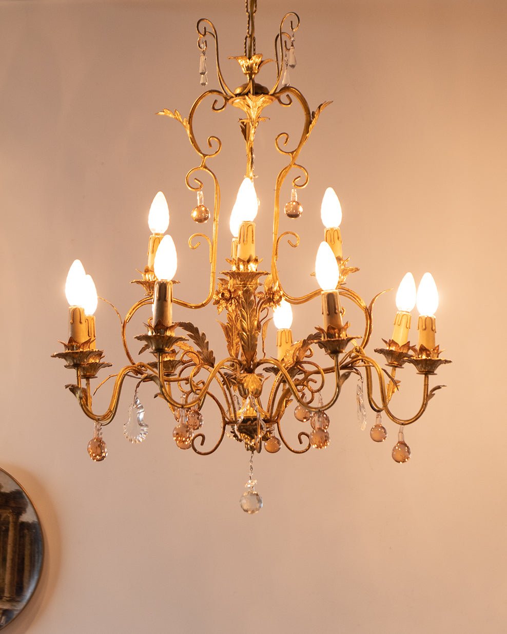Italian Toleware Golden Chandelier with Murano Glass Droplets - Surround Living - 11