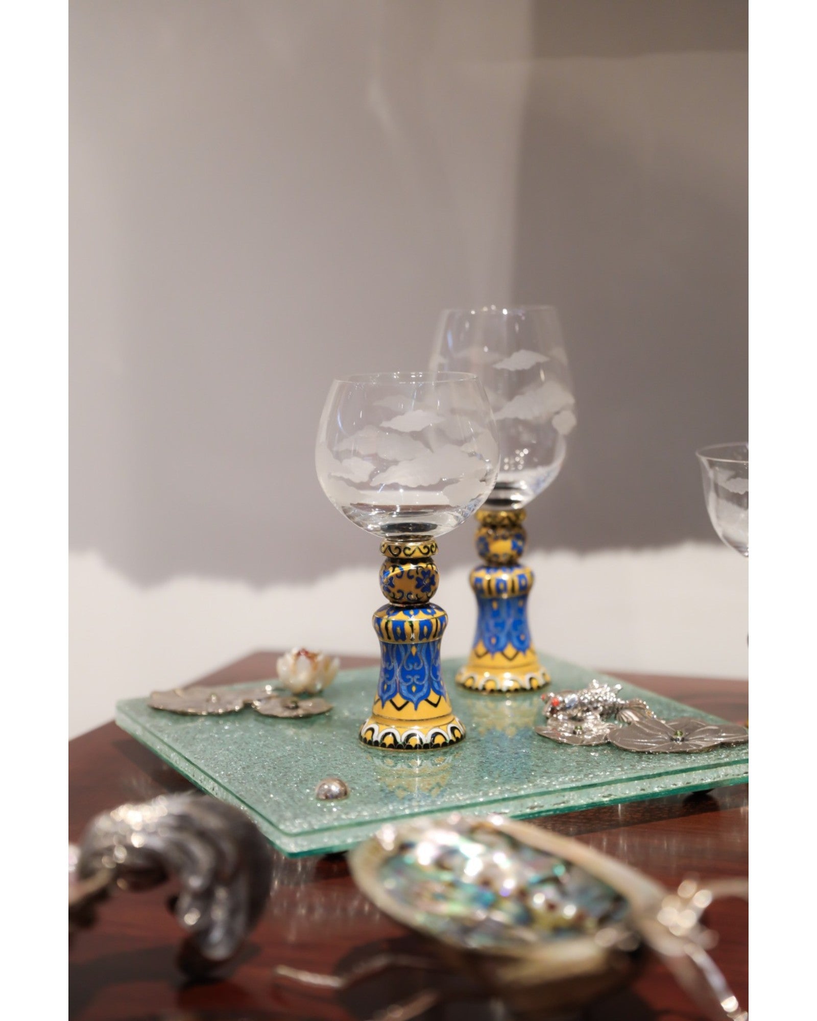 Crystal Goblet Set with Cloisonné Base - Set of 3