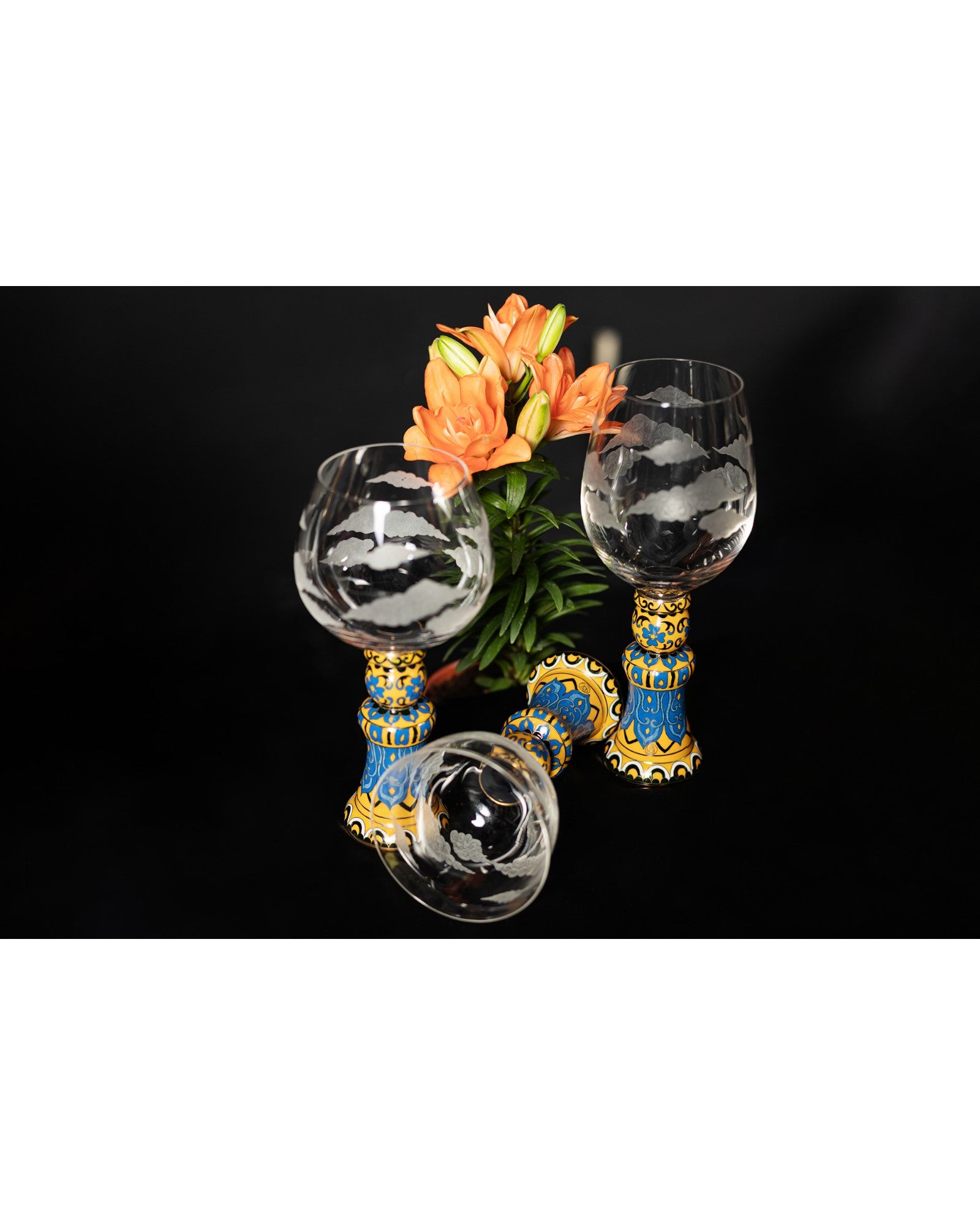Crystal Goblet Set with Cloisonné Base - Set of 3