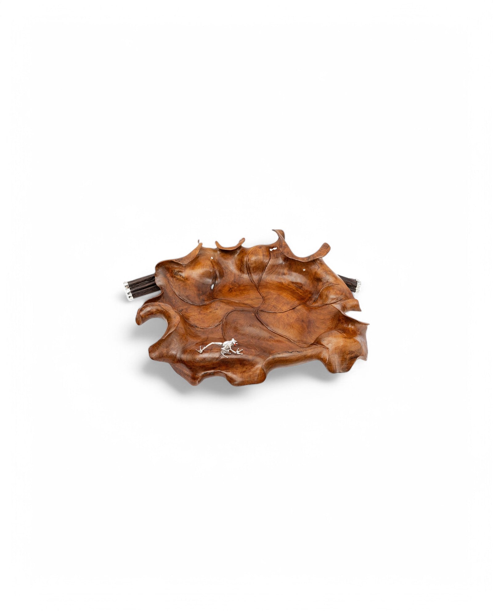 Carved Leaf Teak Bowl with Silver Frog