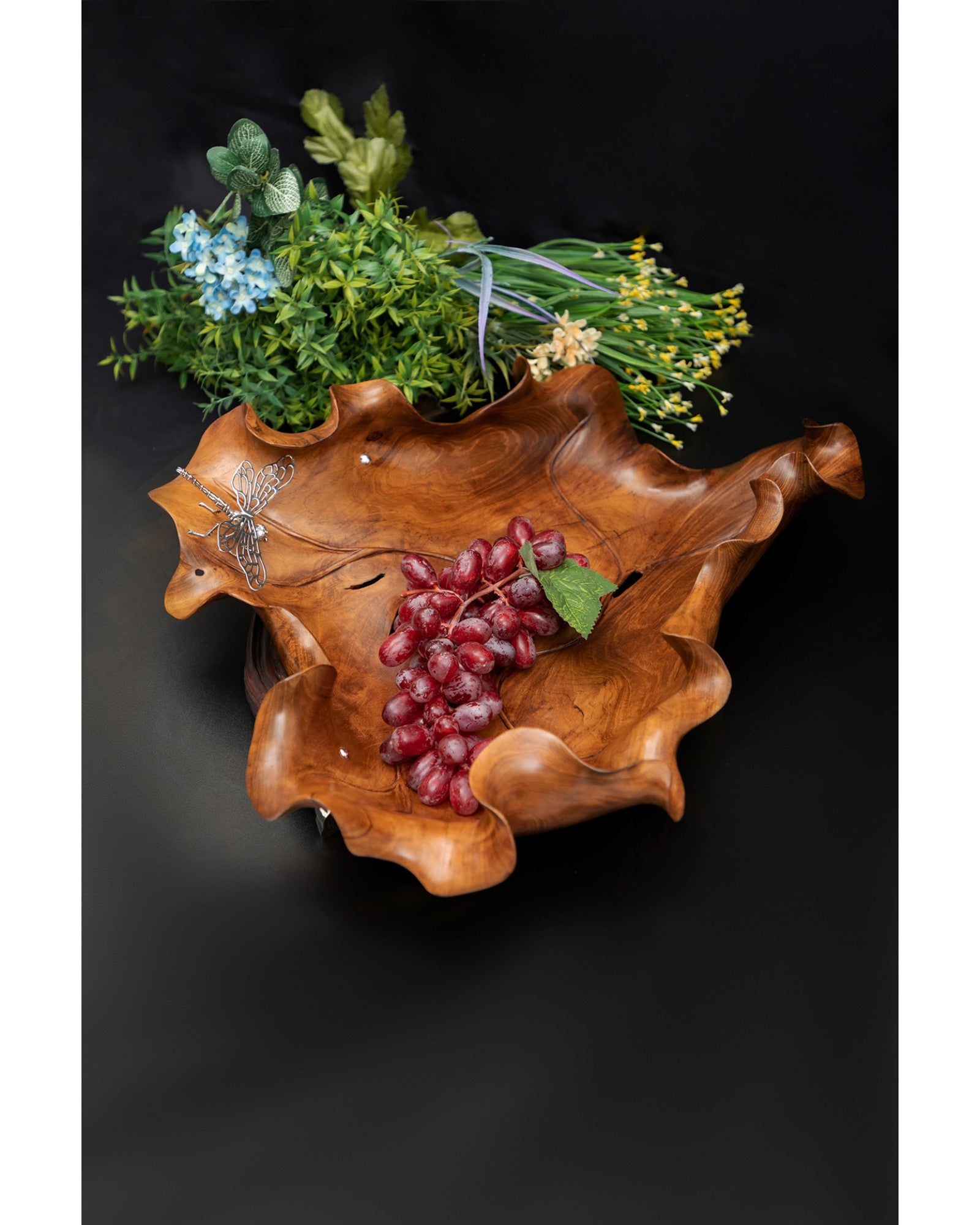 Carved Leaf Teak Bowl with Silver Dragonfly
