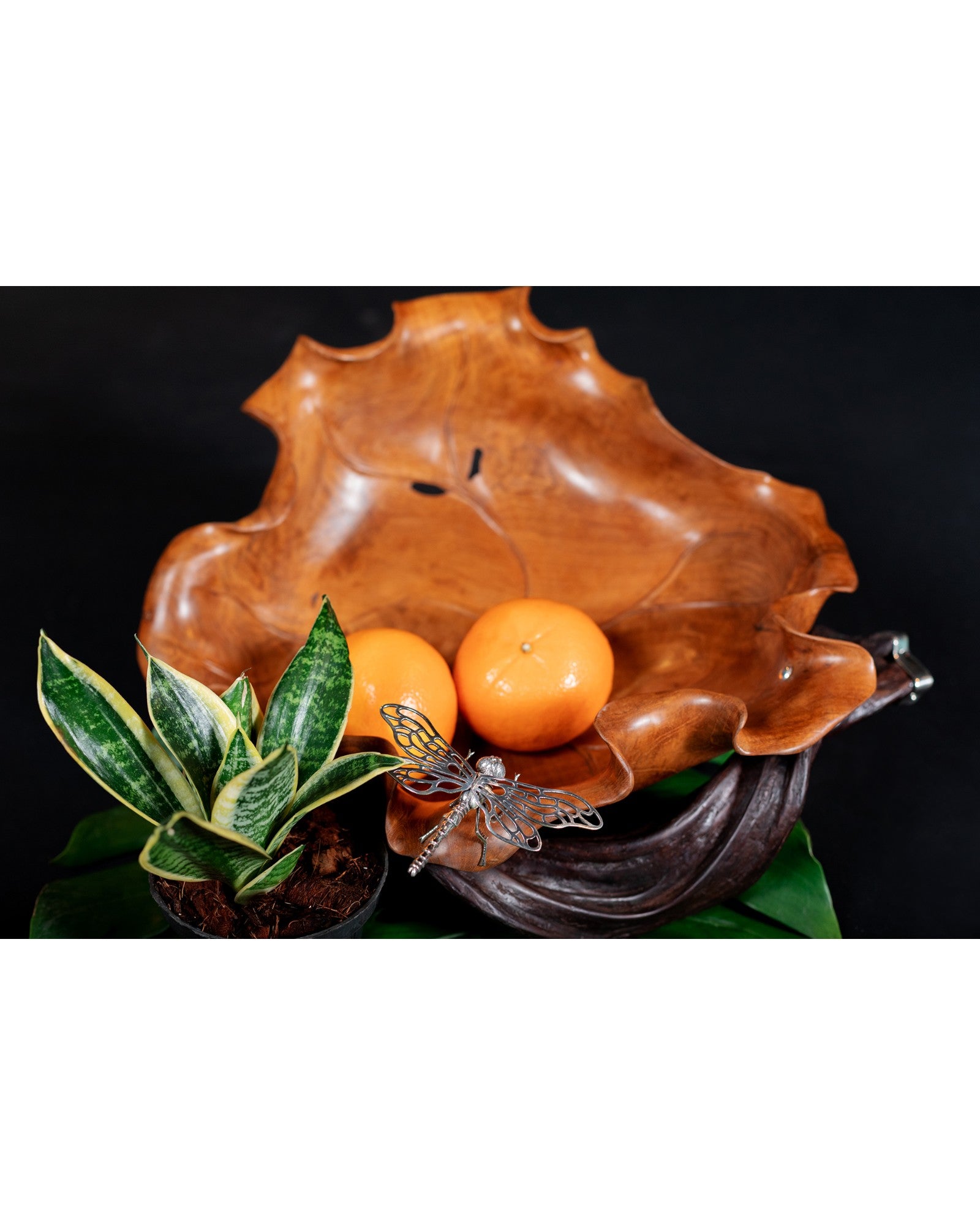 Carved Leaf Teak Bowl with Silver Dragonfly