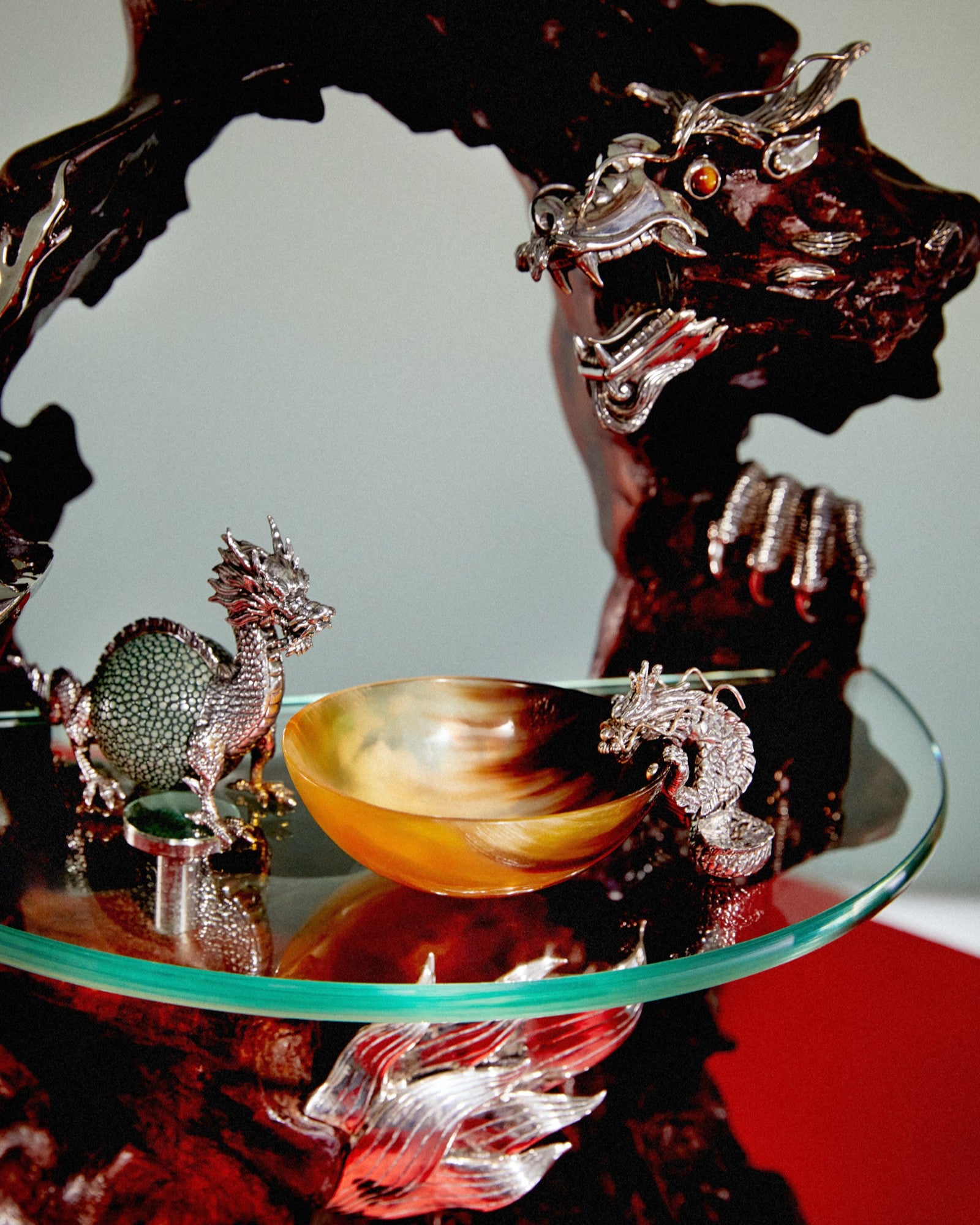 Buffalo Horn Bowl with Silver Dragon