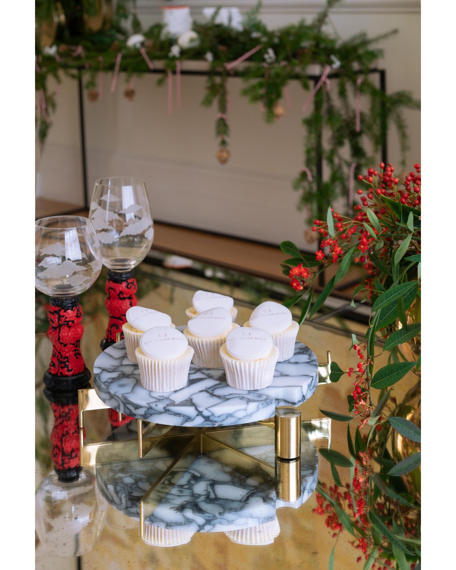 Wine Goblet Set with Red Lacquer Base - Set of 3