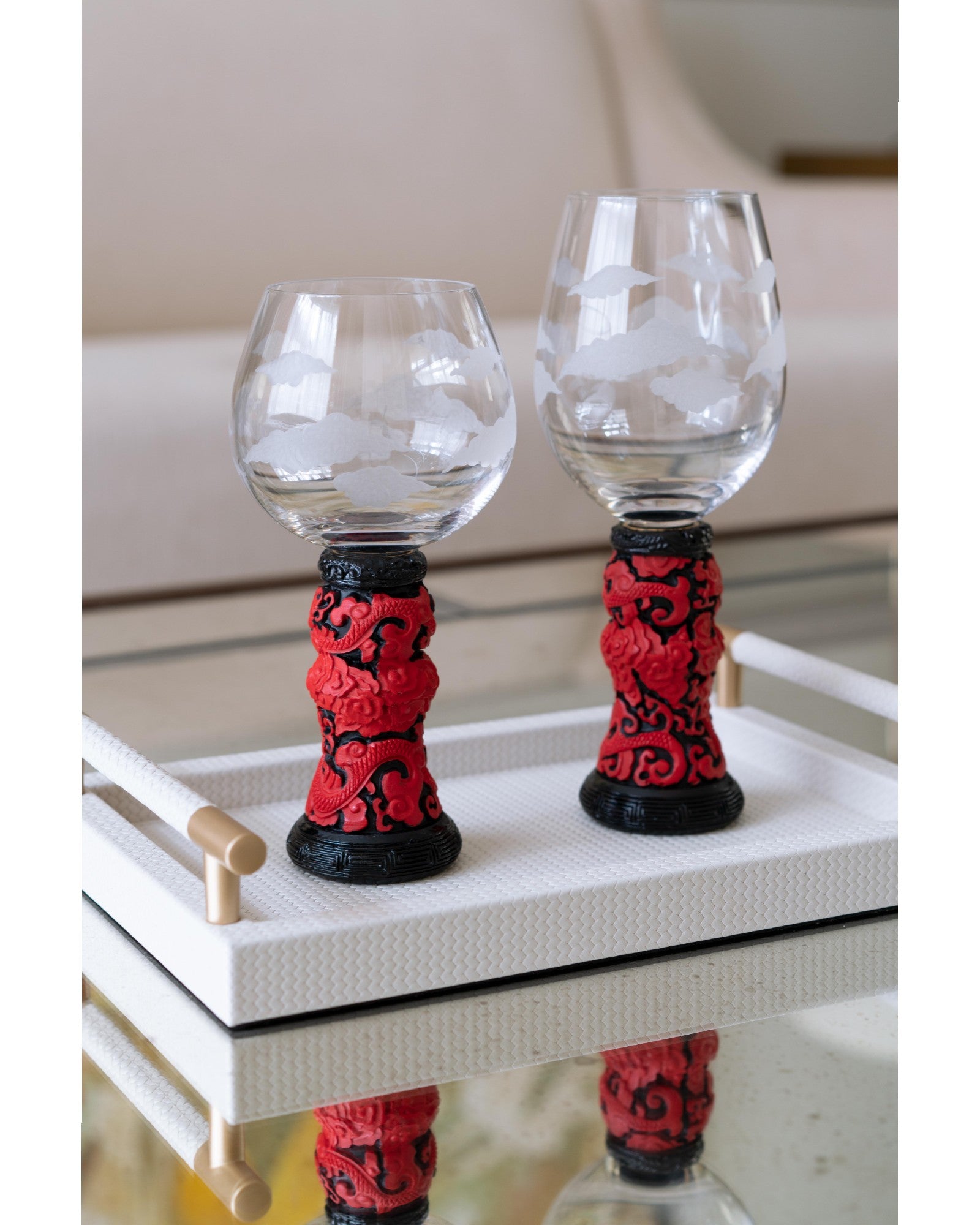 Wine Goblet Set with Red Lacquer Base - Set of 3
