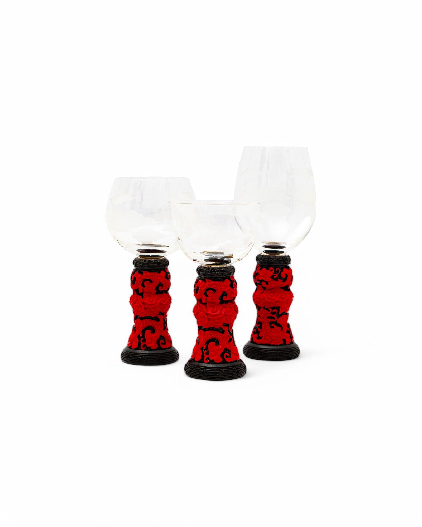 Wine Goblet Set with Red Lacquer Base - Set of 3