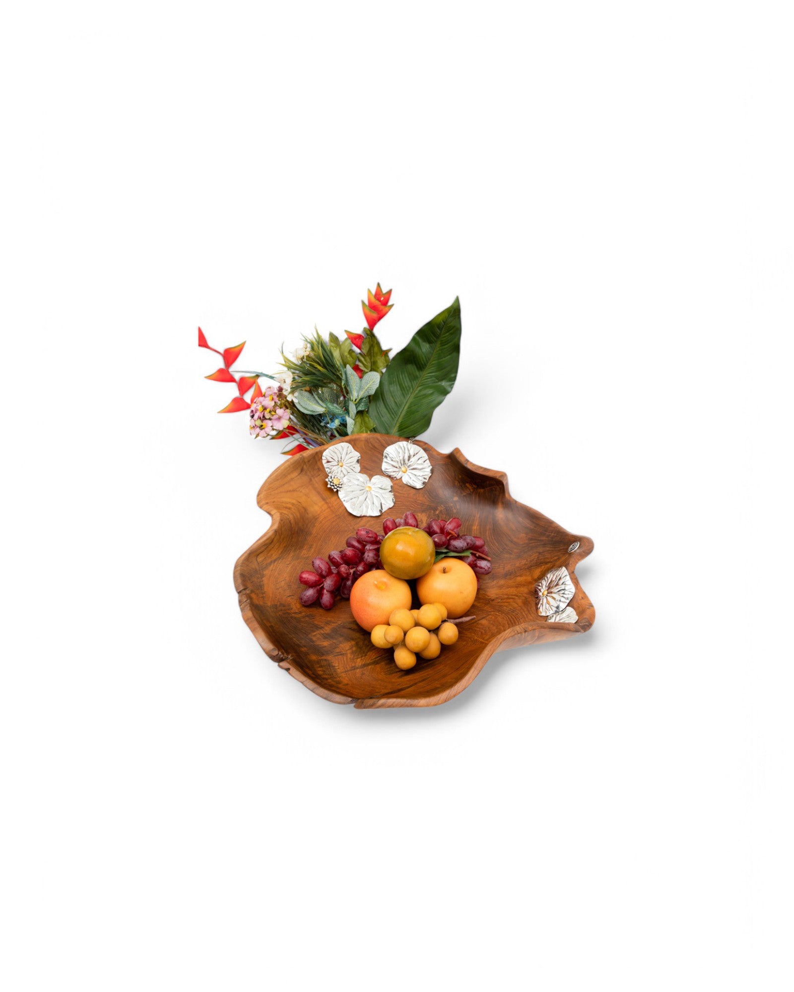Teak Lotus Pond Bowl with Silver Lotus Flowers and Leaves