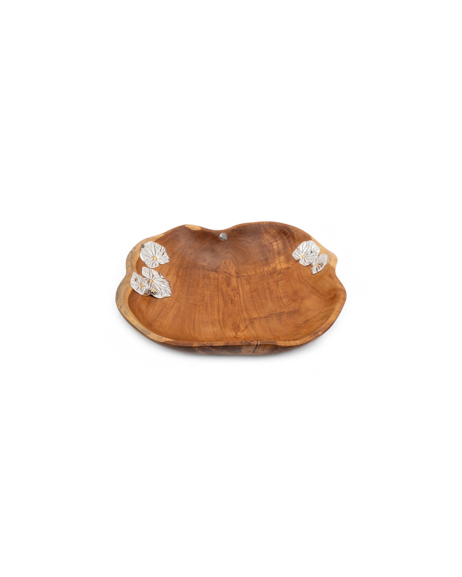 Teak Lotus Pond Bowl with Silver Lotus Flowers and Leaves