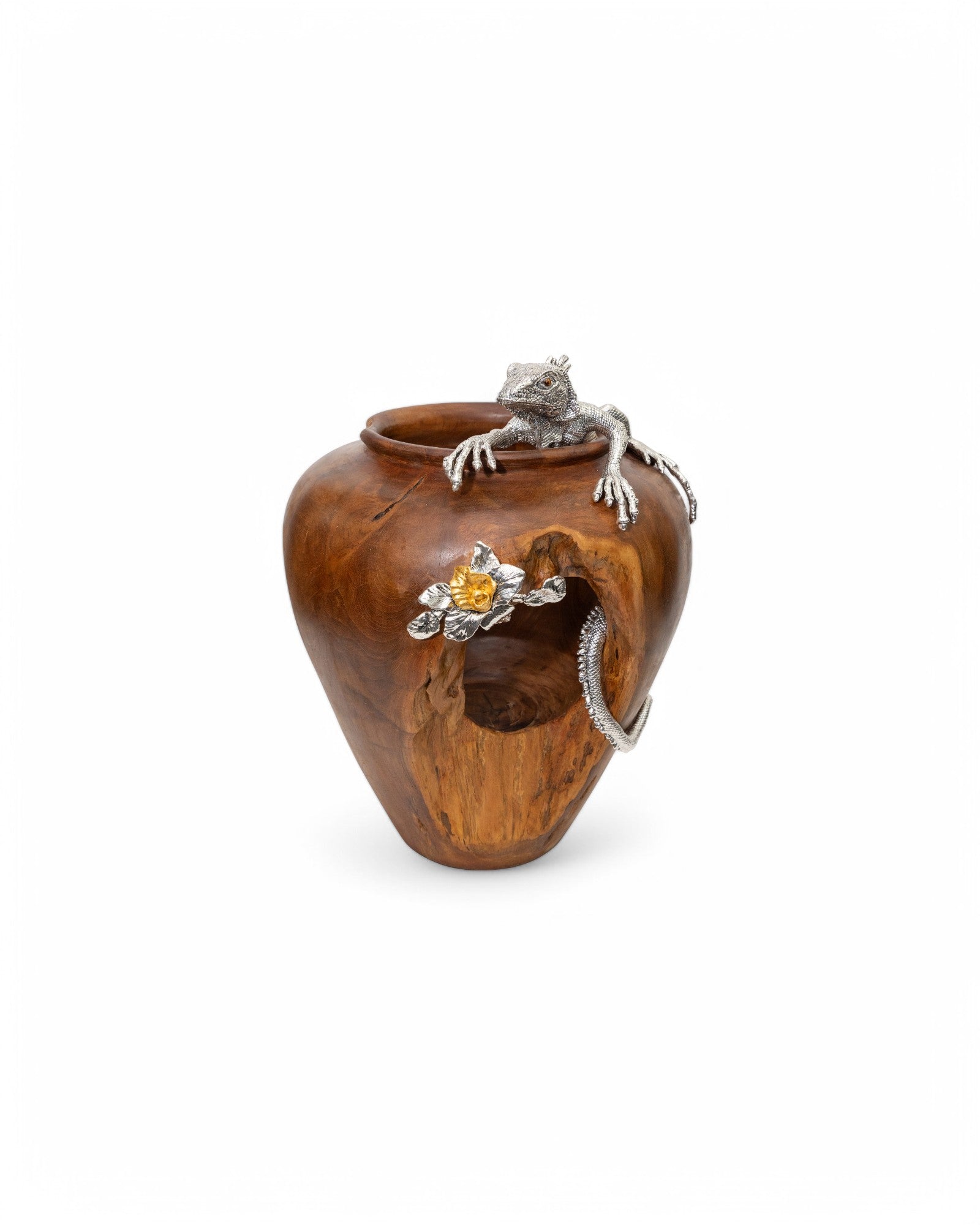 Teak Root Vase with Silver Iguana