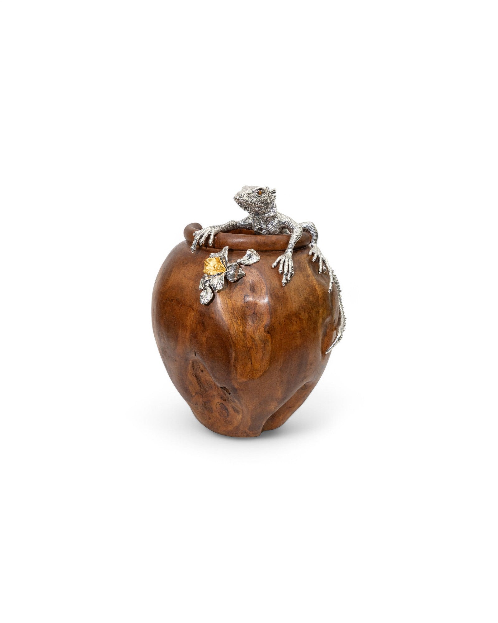 Teak Root Vase with Silver Iguana