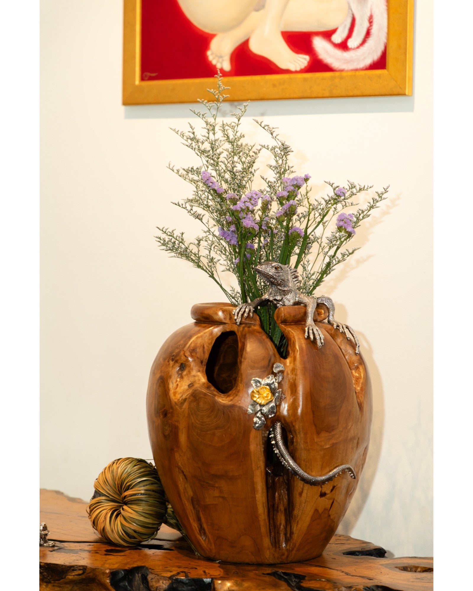 Teak Root Vase with Silver Iguana
