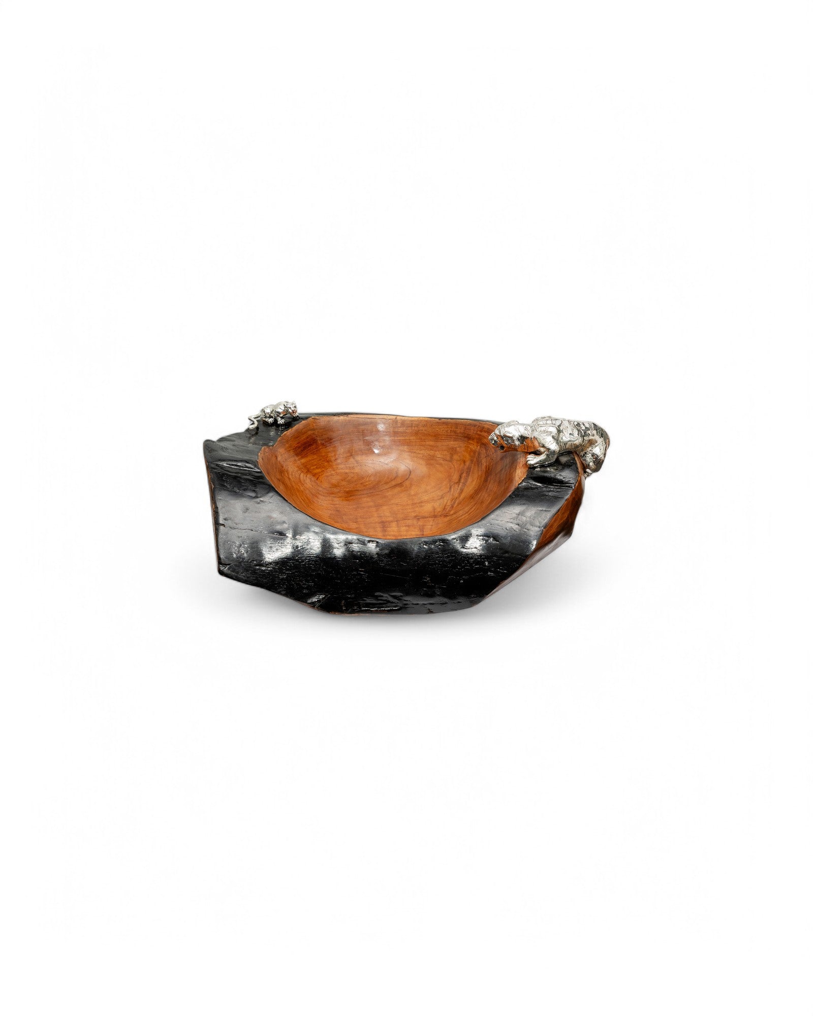 Teak Root Bowl with Silver Tigers