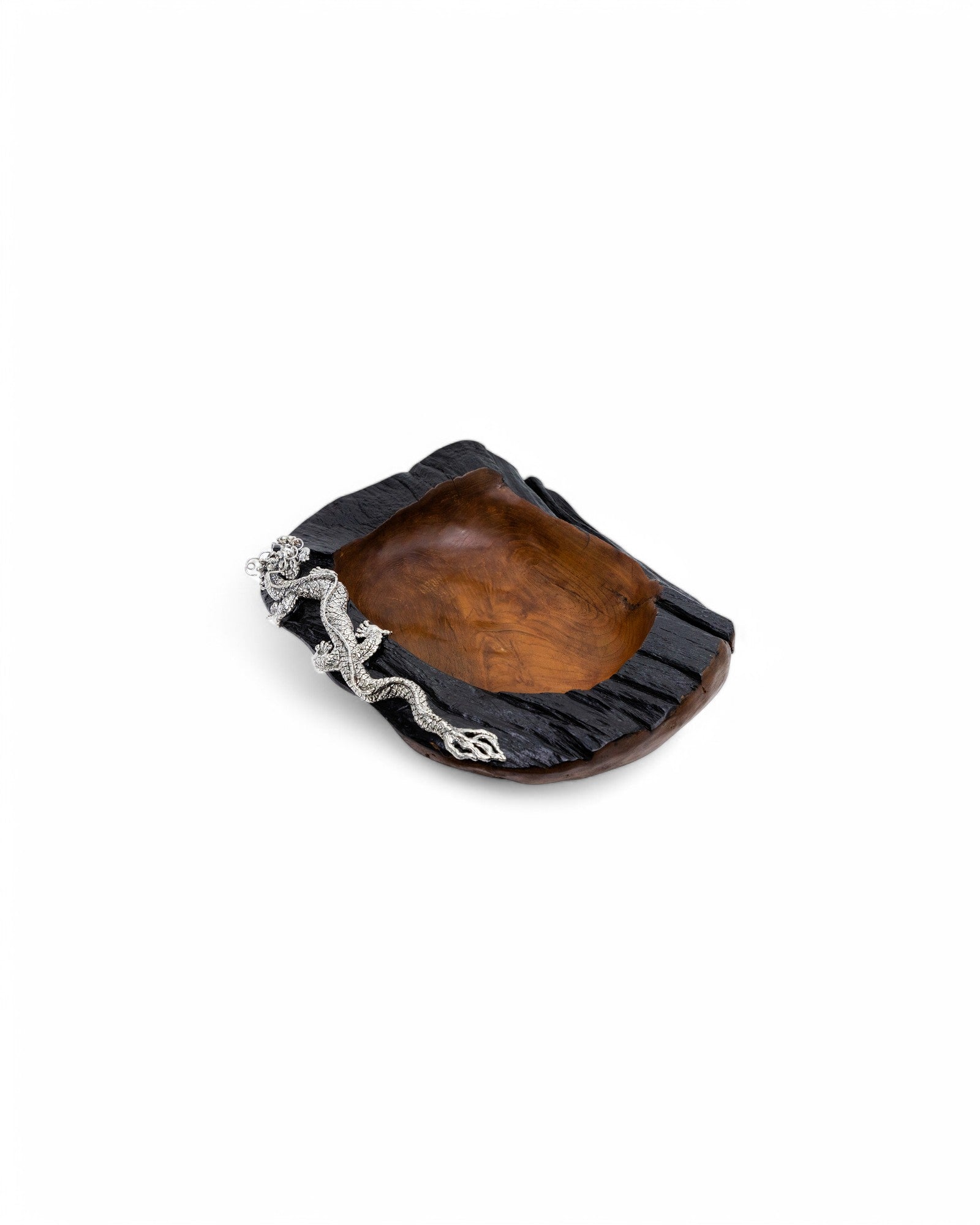 Teak Wood Bowl with Silver Dragon