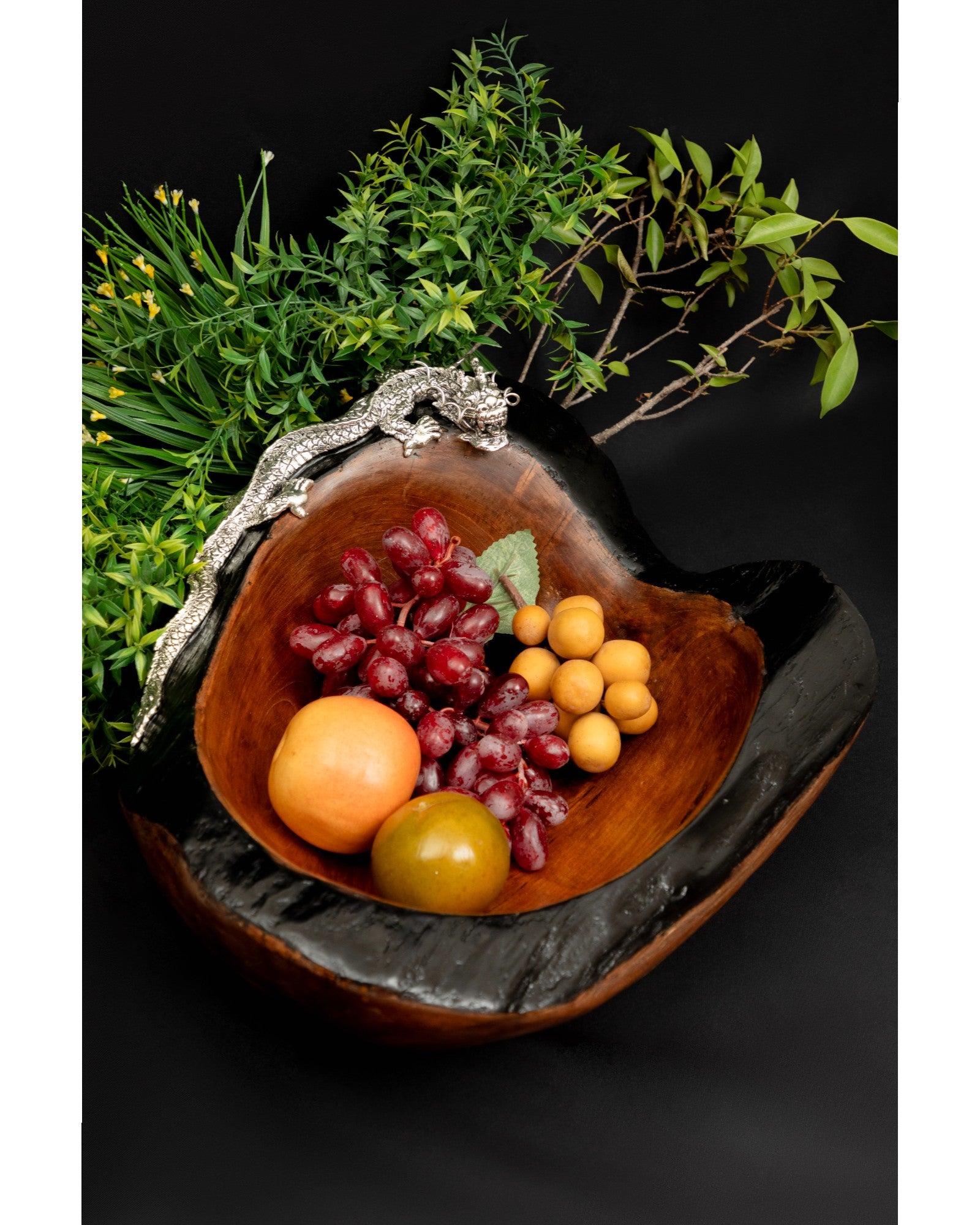 Teak Wood Bowl with Silver Dragon
