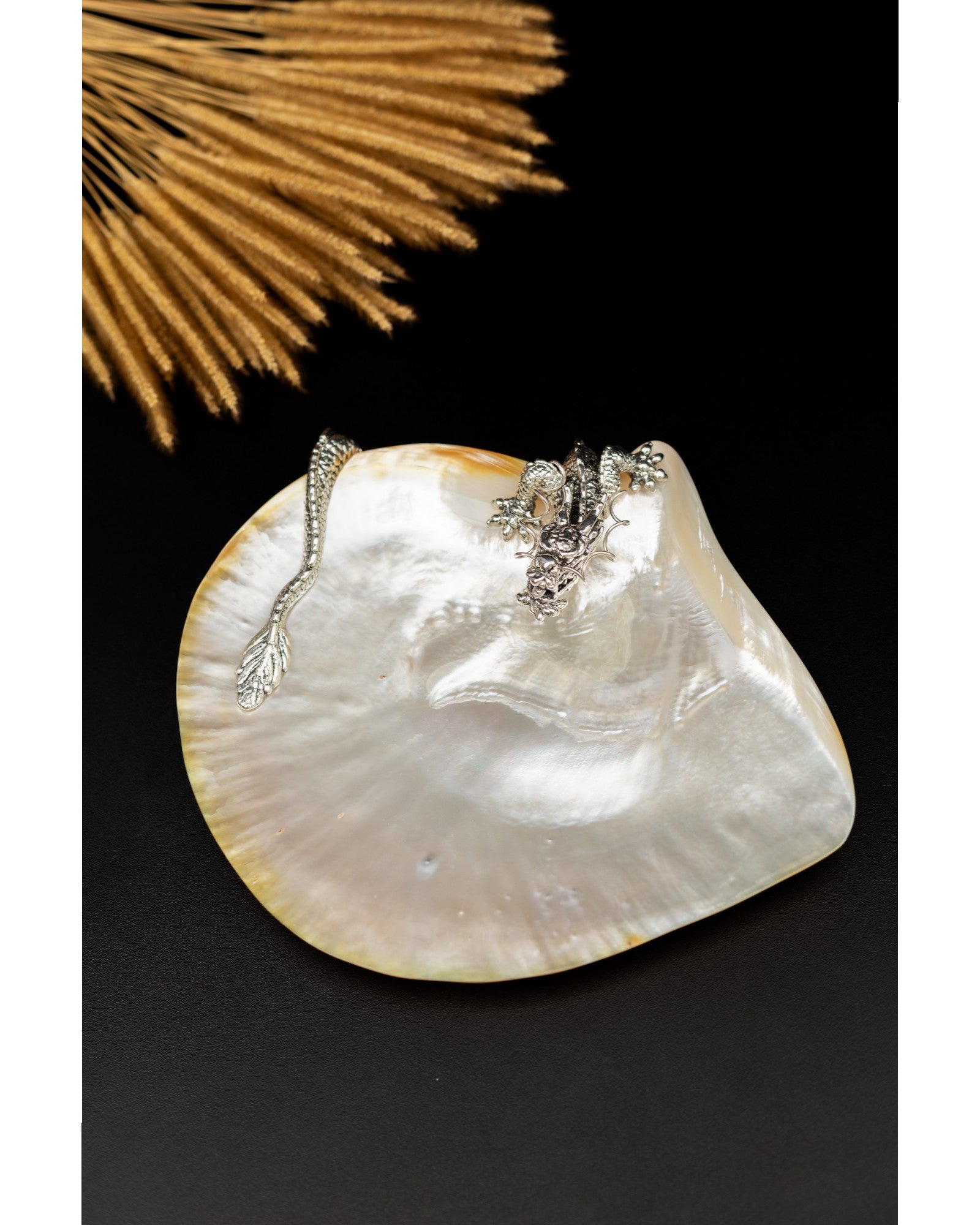 Mother of Pearl Canape Plate with Silver Swirling Dragon