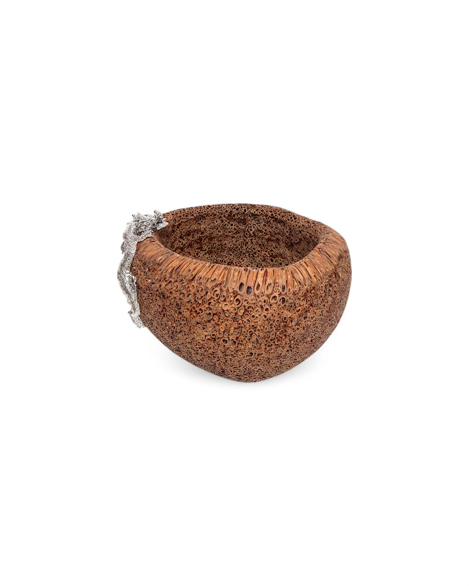 Cinnamon Bowl with Swirling Silver Dragon #S