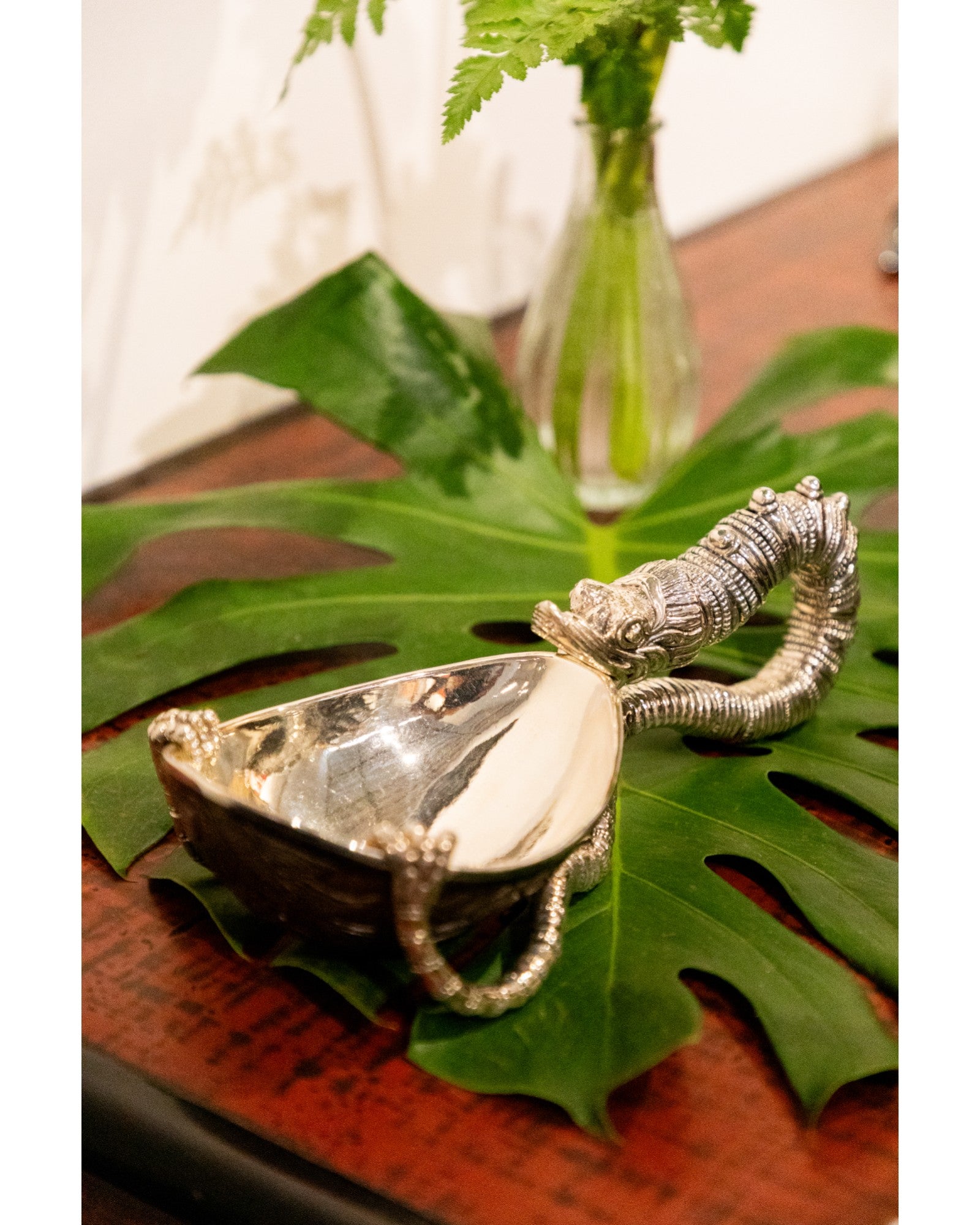 Carved Coconut Bowl with Silver Dragon Handle