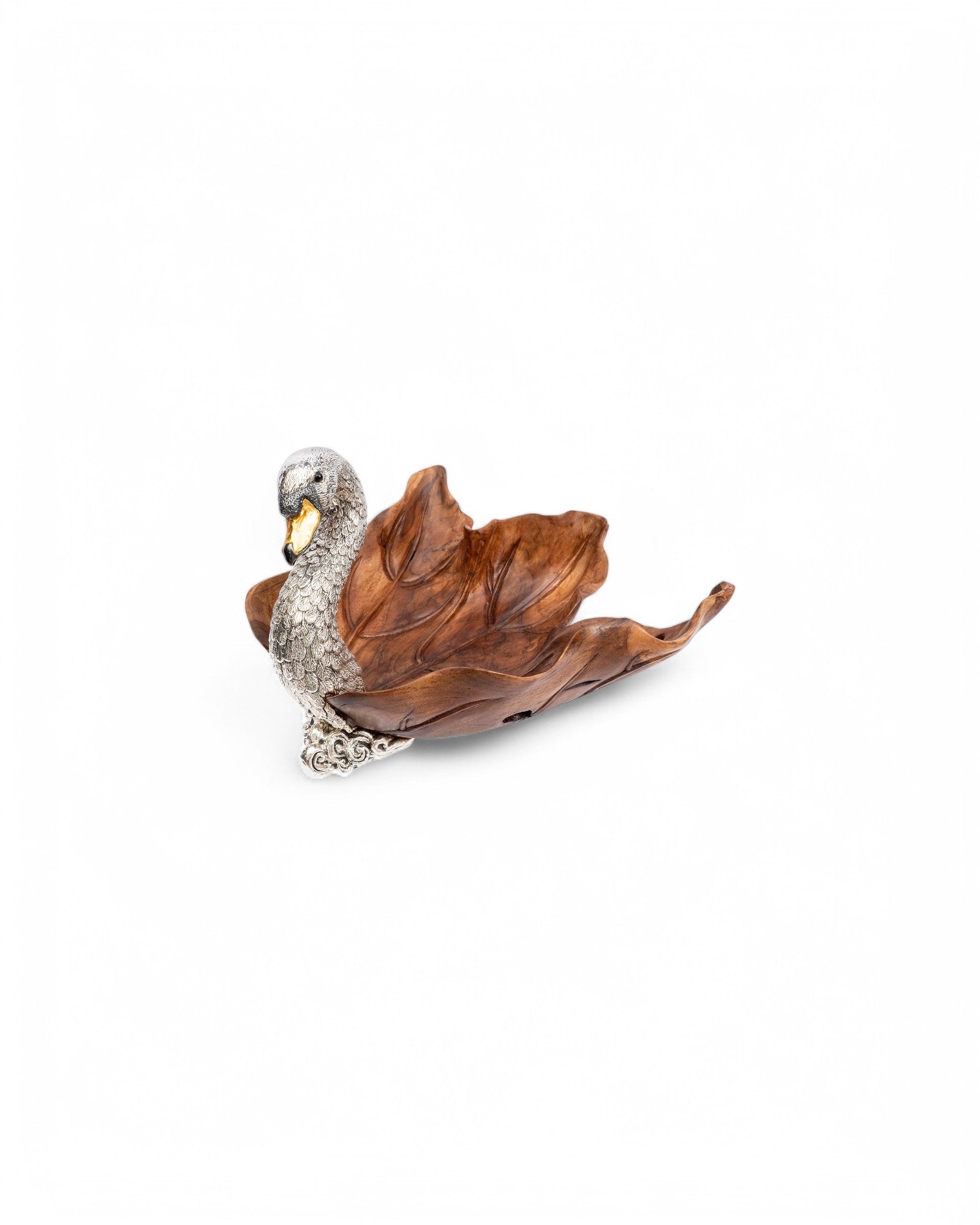 Carved Leaf Teak Bowl with Silver Swan