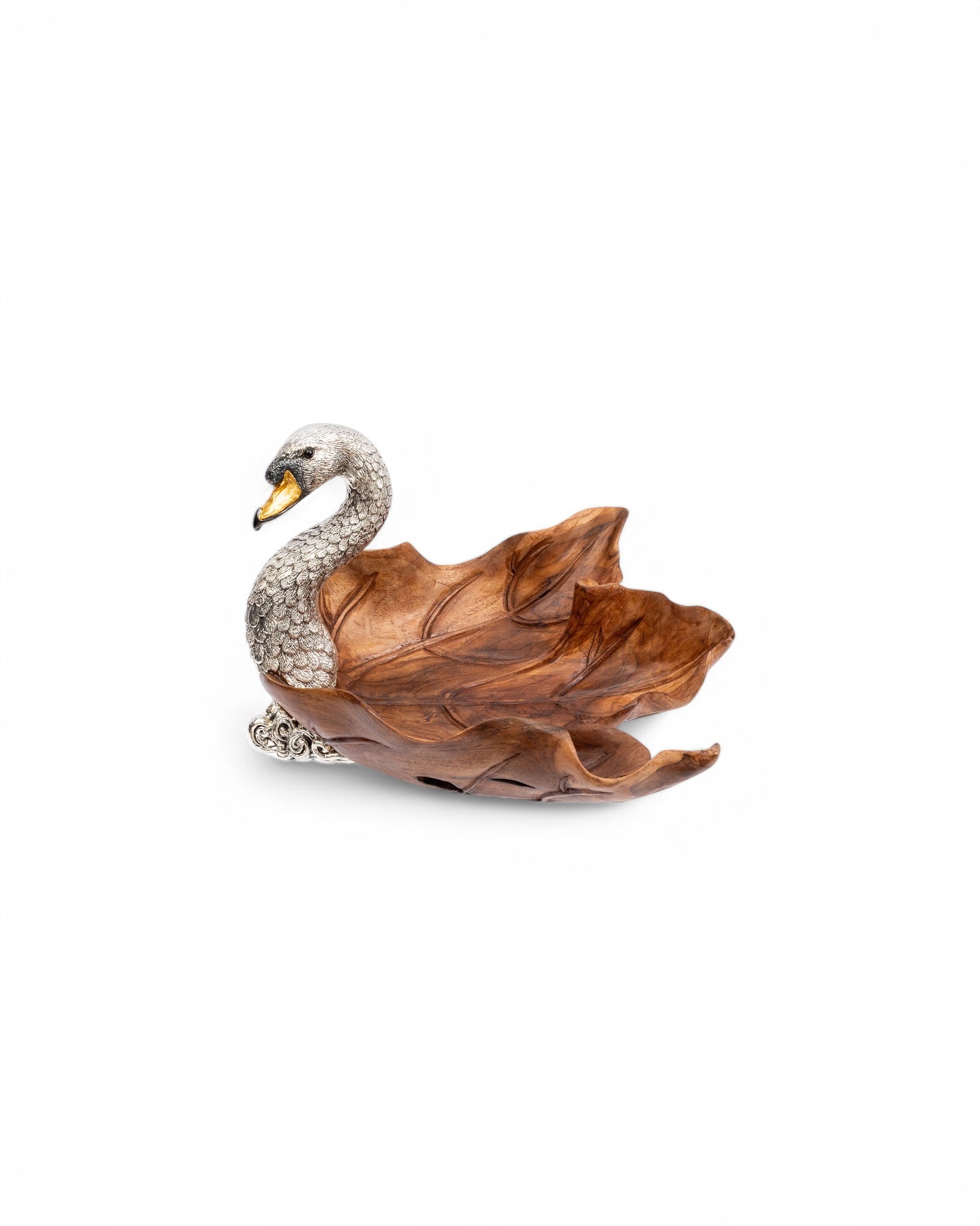 Carved Leaf Teak Bowl with Silver Swan