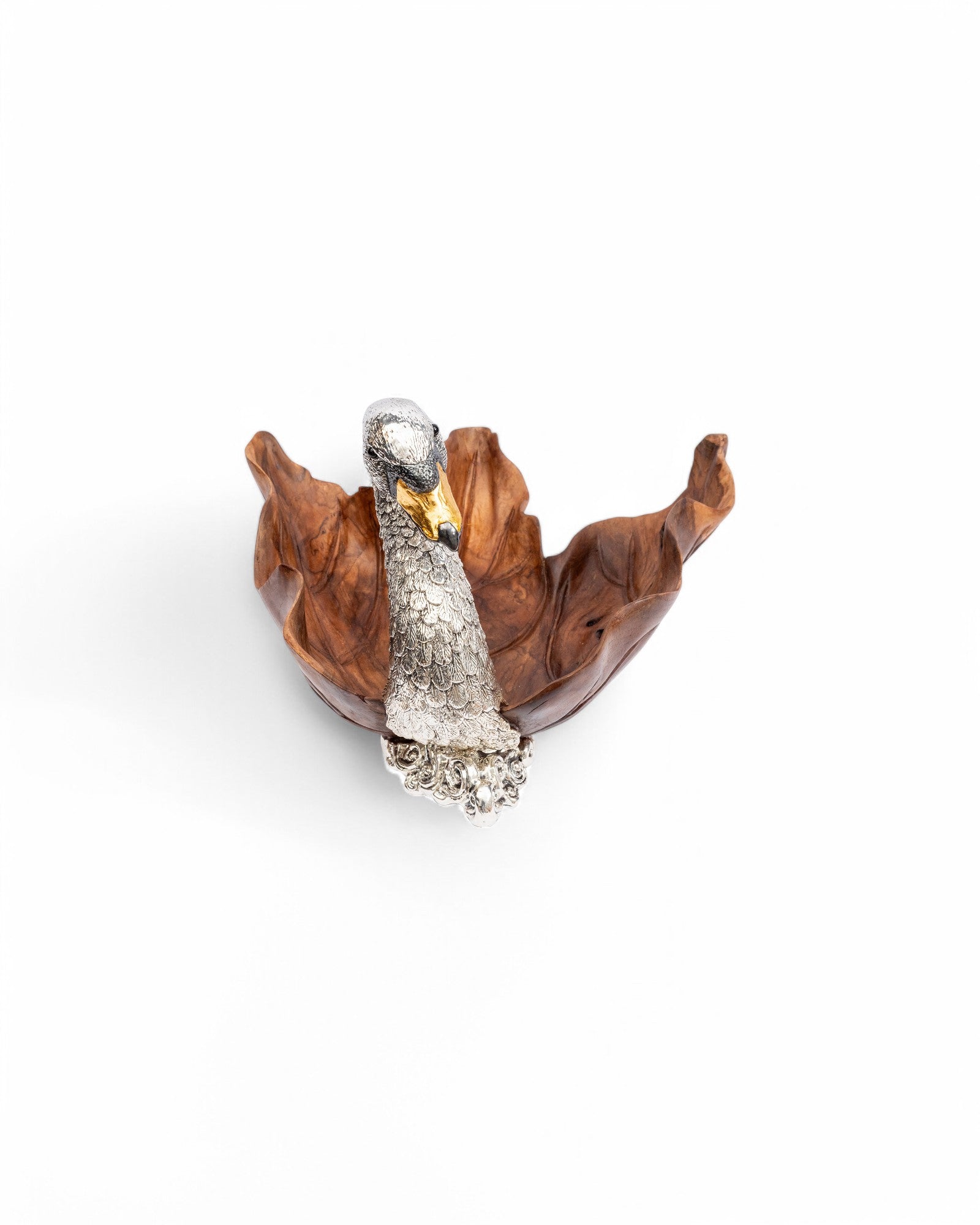 Carved Leaf Teak Bowl with Silver Swan