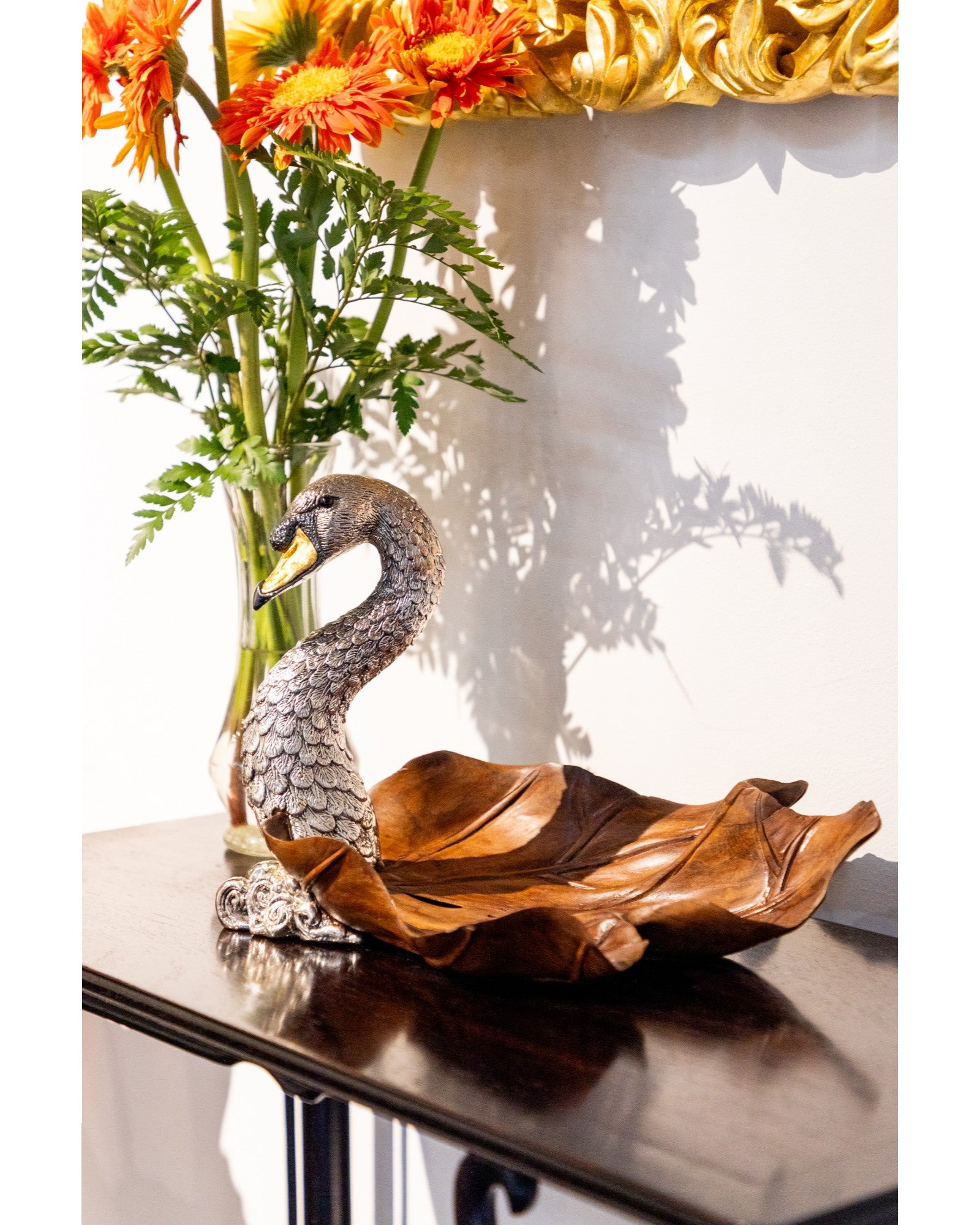 Carved Leaf Teak Bowl with Silver Swan