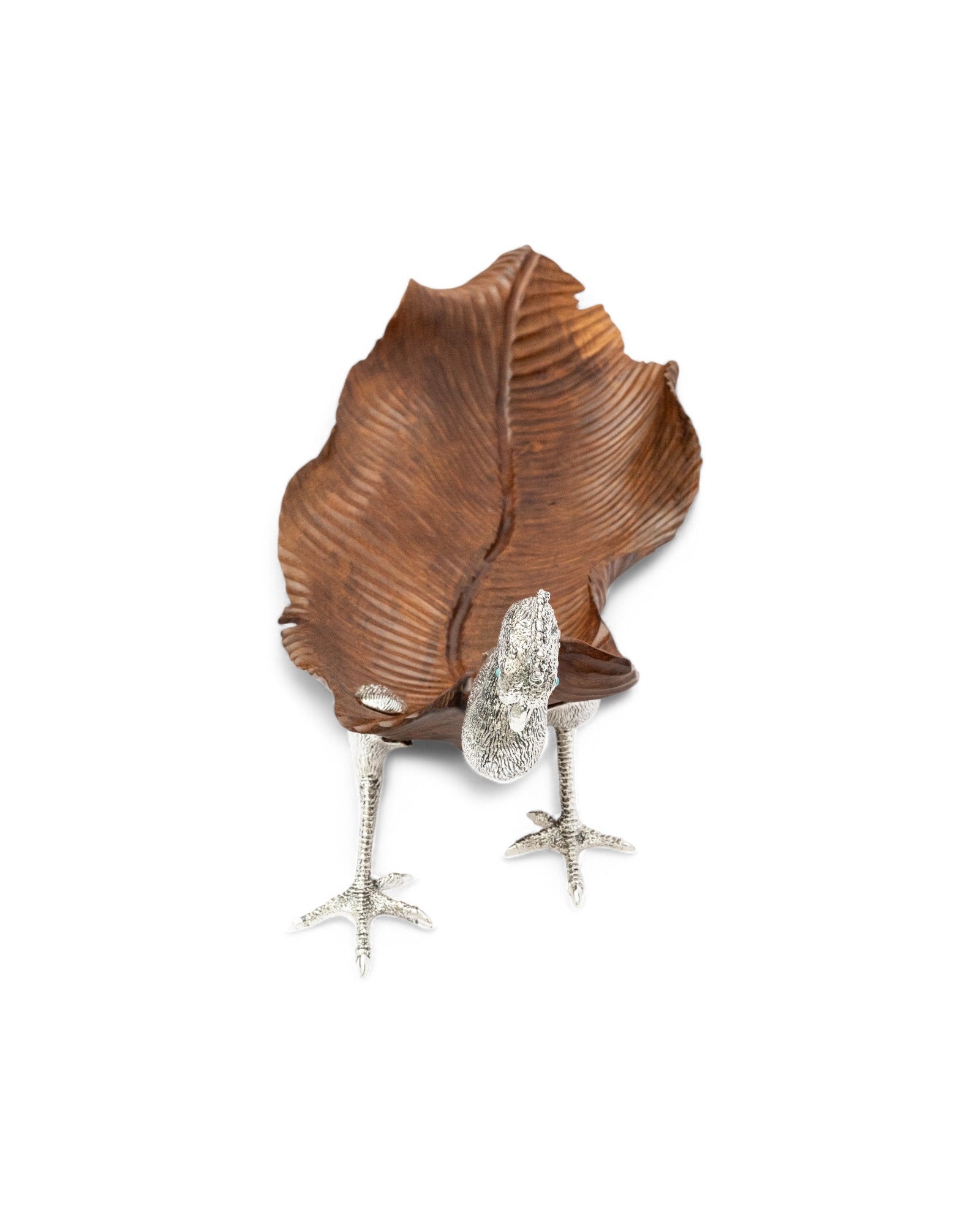 Carved Teak Leaf with Peacock Design