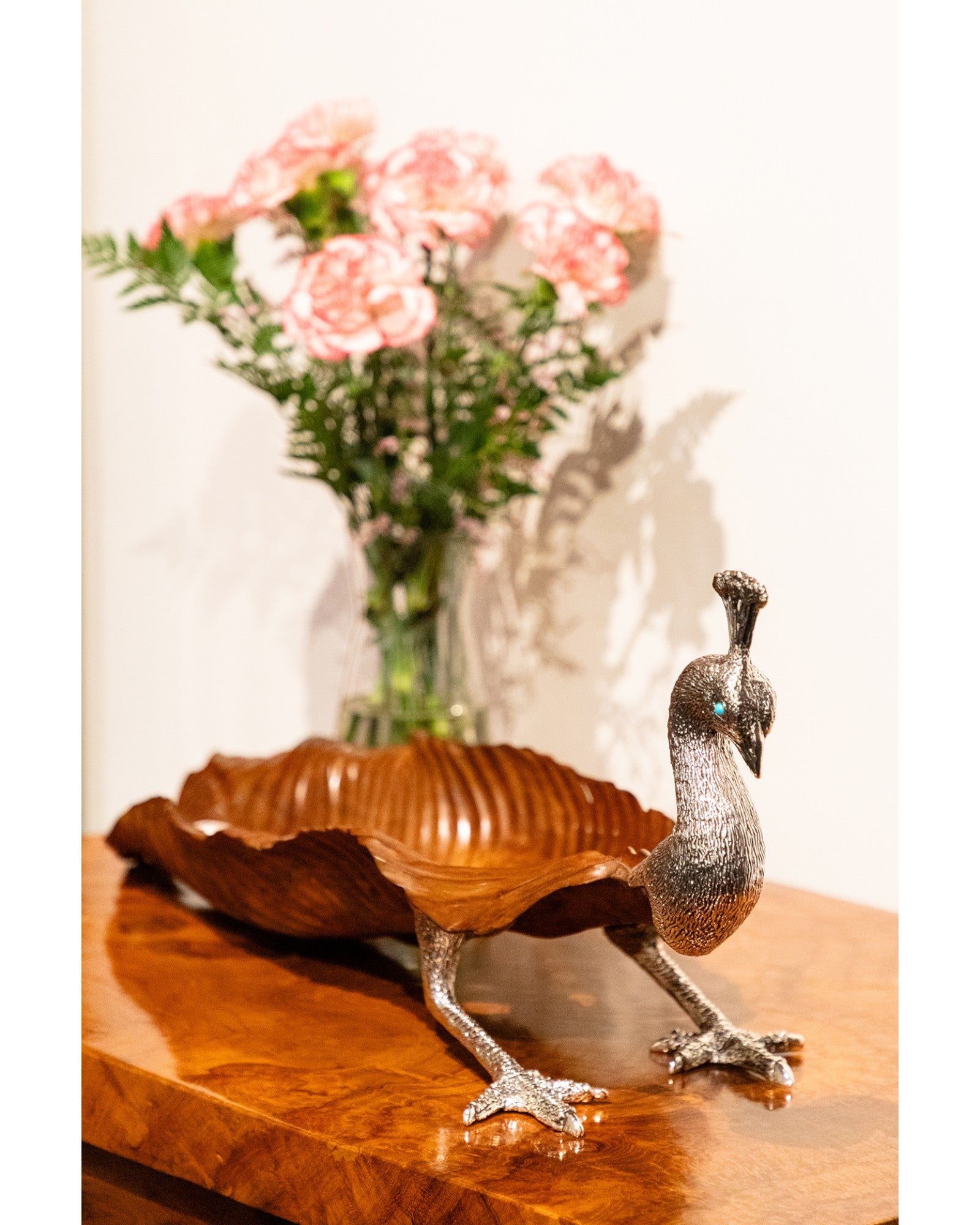 Carved Teak Leaf with Peacock Design