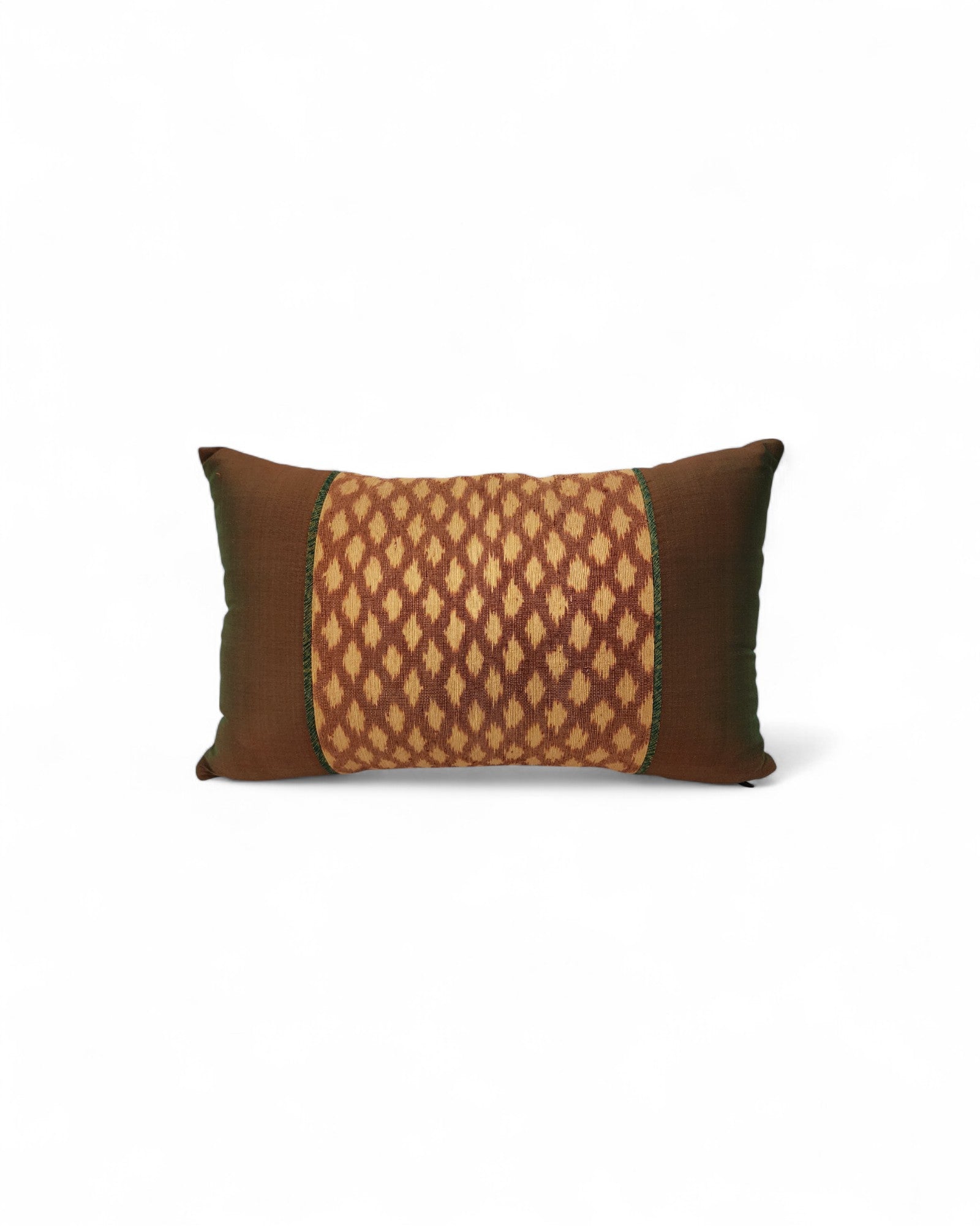 Lumbar Cushion in Handwoven Silk & Mudmee Silk Centre - Chocolate Brown, Green Lining