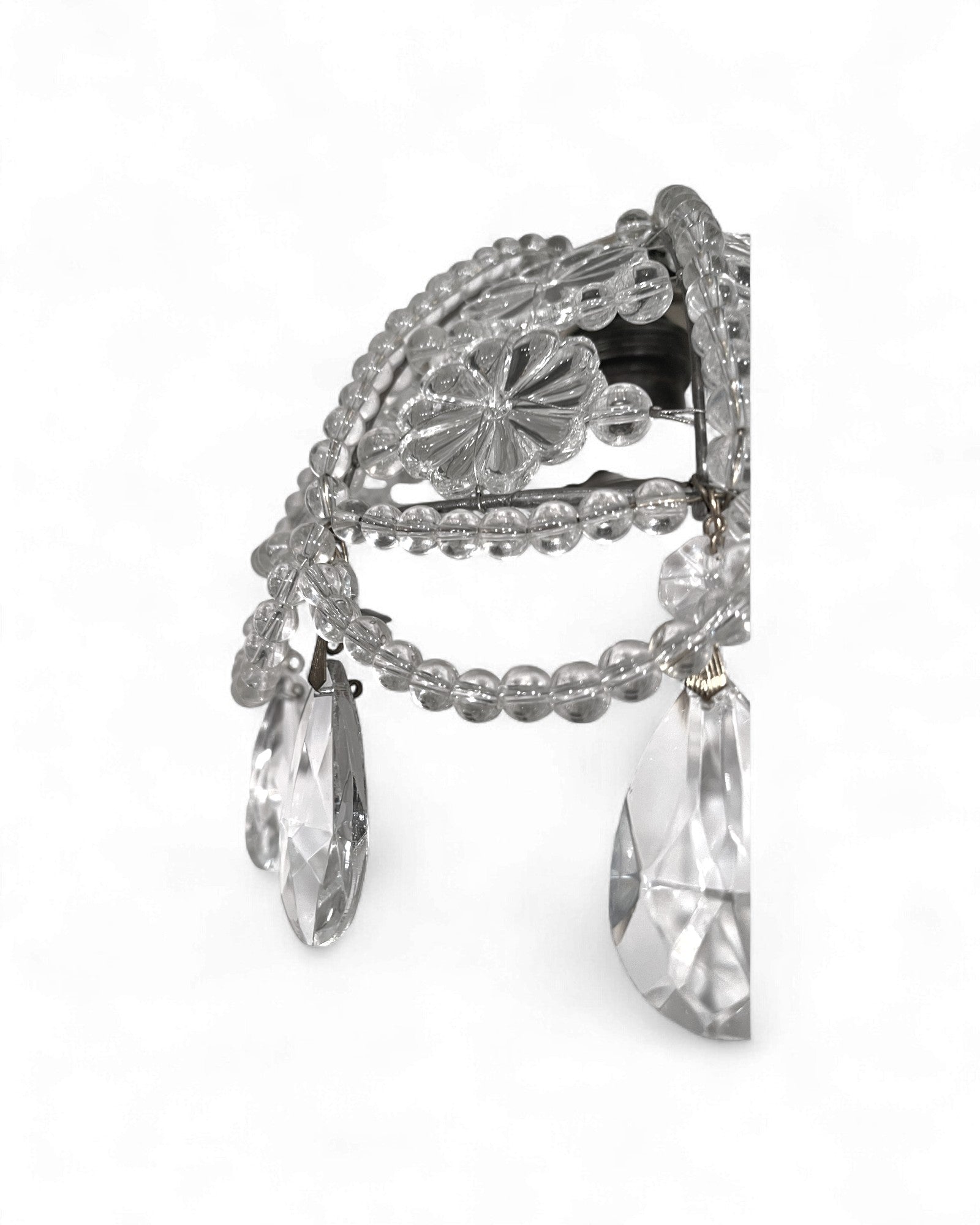 Vintage Glass-Beaded Brass Crystal Basket Chandelier