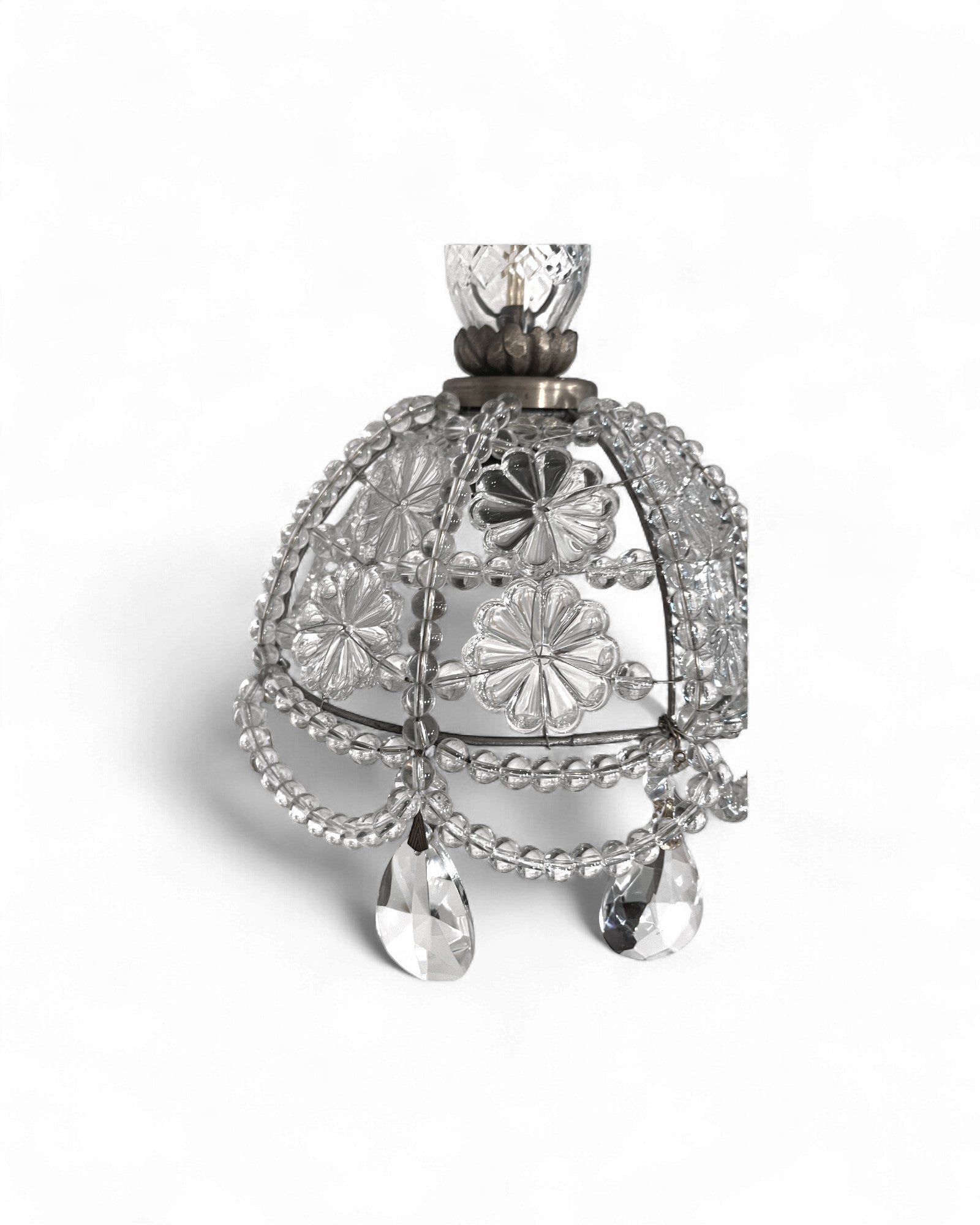 Vintage Glass-Beaded Brass Crystal Basket Chandelier