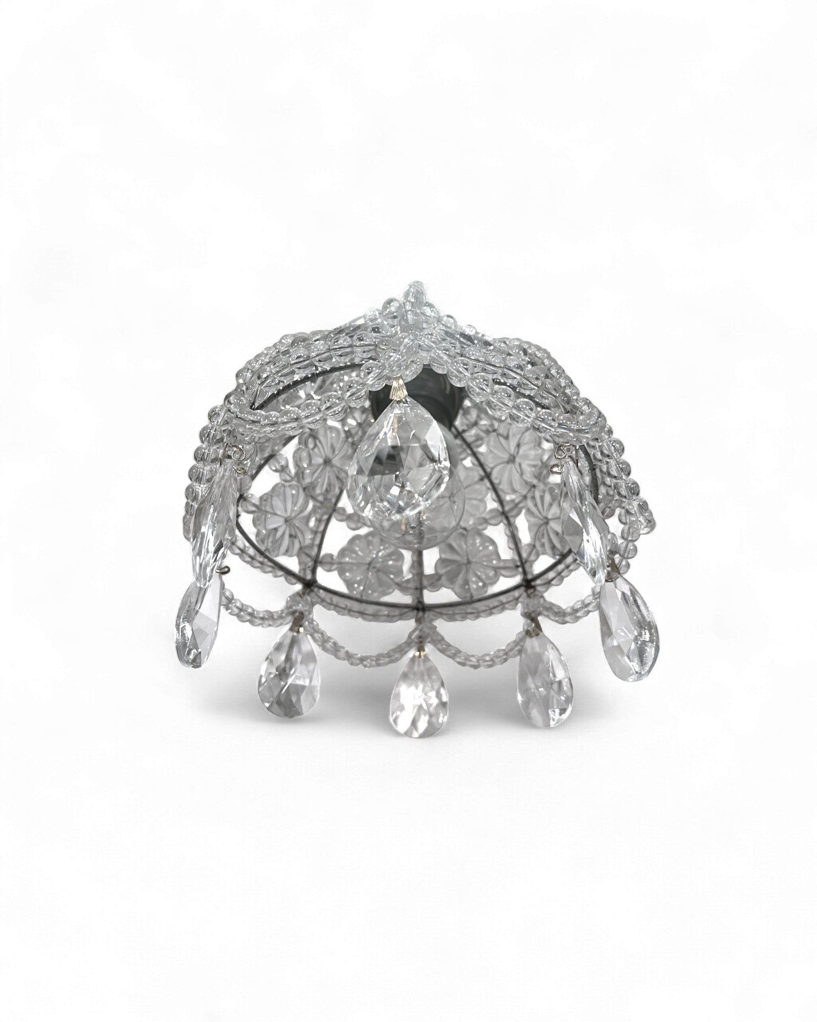 Vintage Glass-Beaded Brass Crystal Basket Chandelier