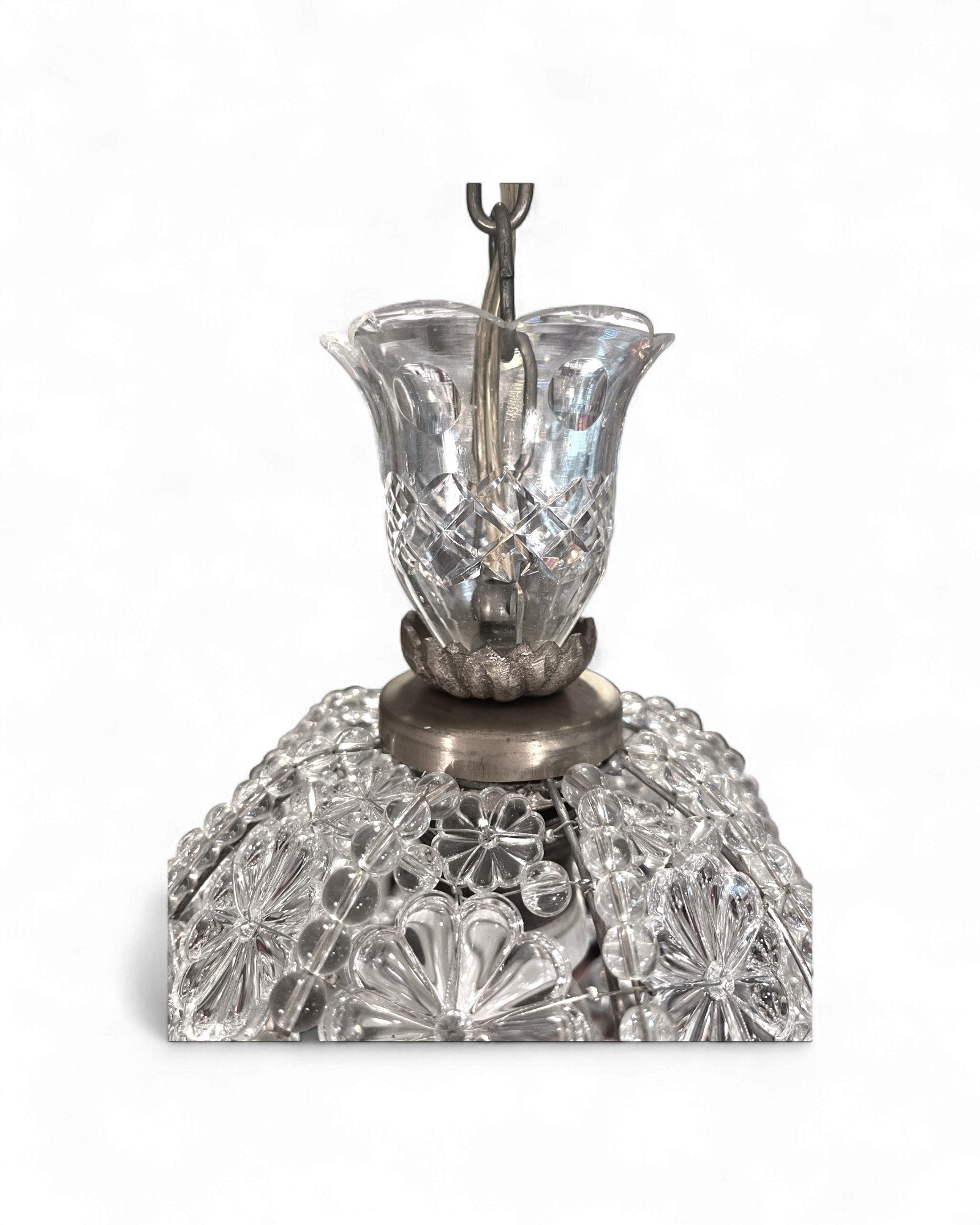 Vintage Glass-Beaded Brass Crystal Basket Chandelier