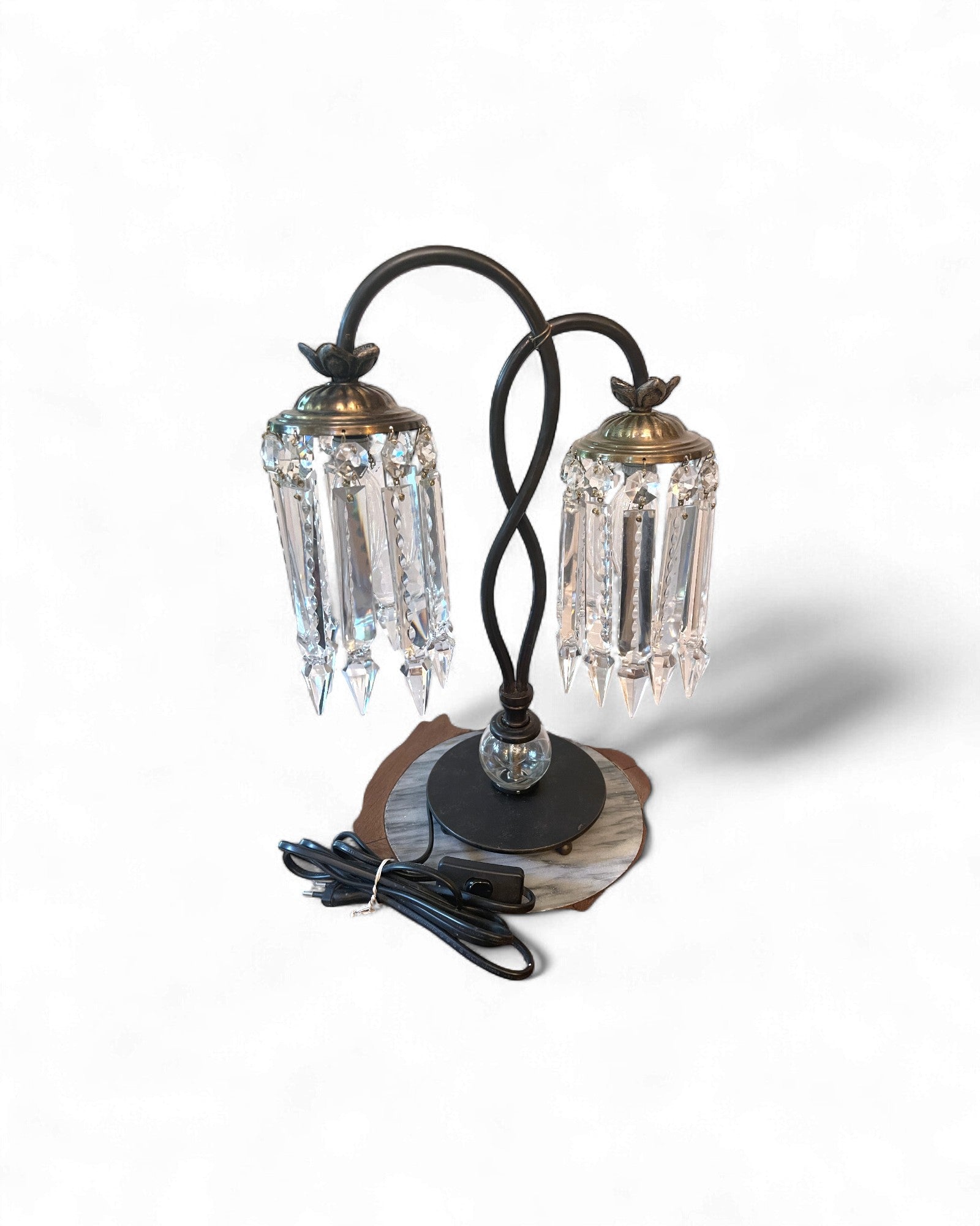 Vintage-Style Metal & Crystal “Waterfall” Two-Light Table Lamp