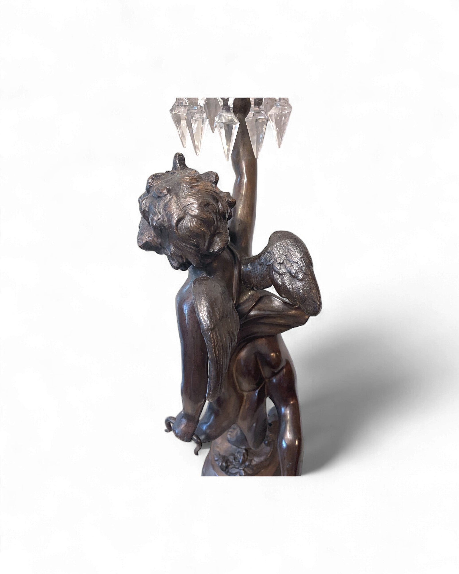 Rococo-Style Cherub Bronze Lamp with Crystal-Prism Shade