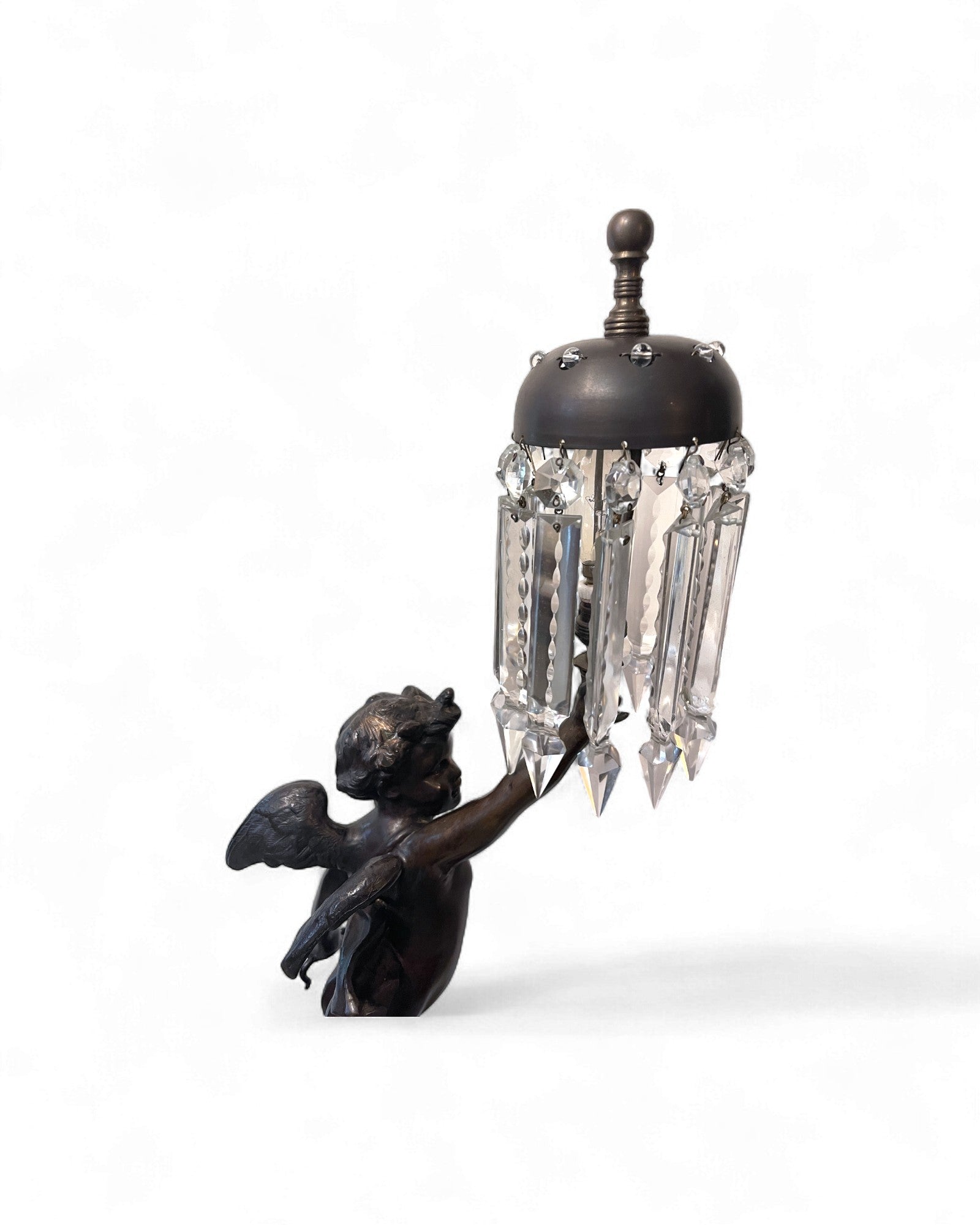 Rococo-Style Cherub Bronze Lamp with Crystal-Prism Shade