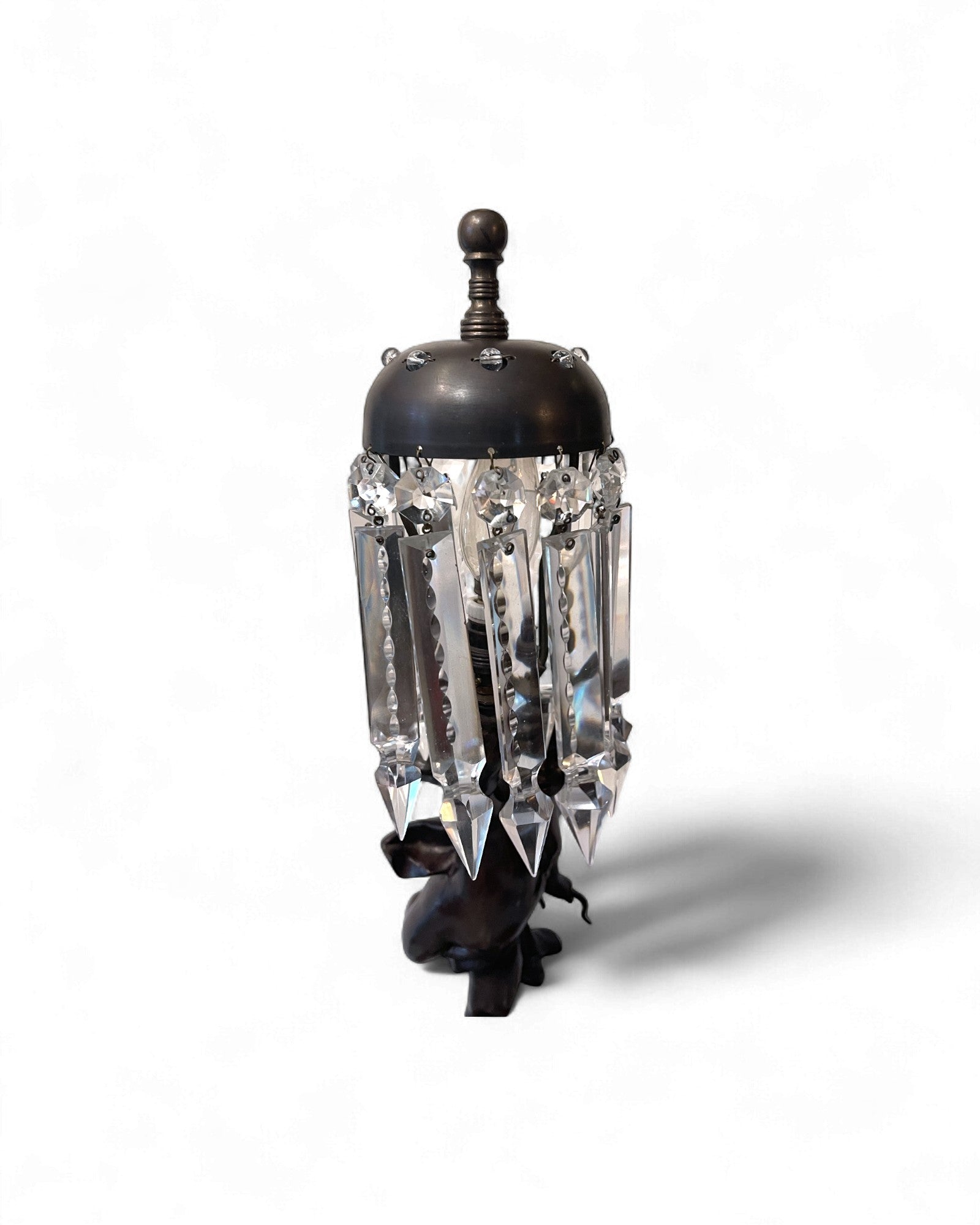 Rococo-Style Cherub Bronze Lamp with Crystal-Prism Shade