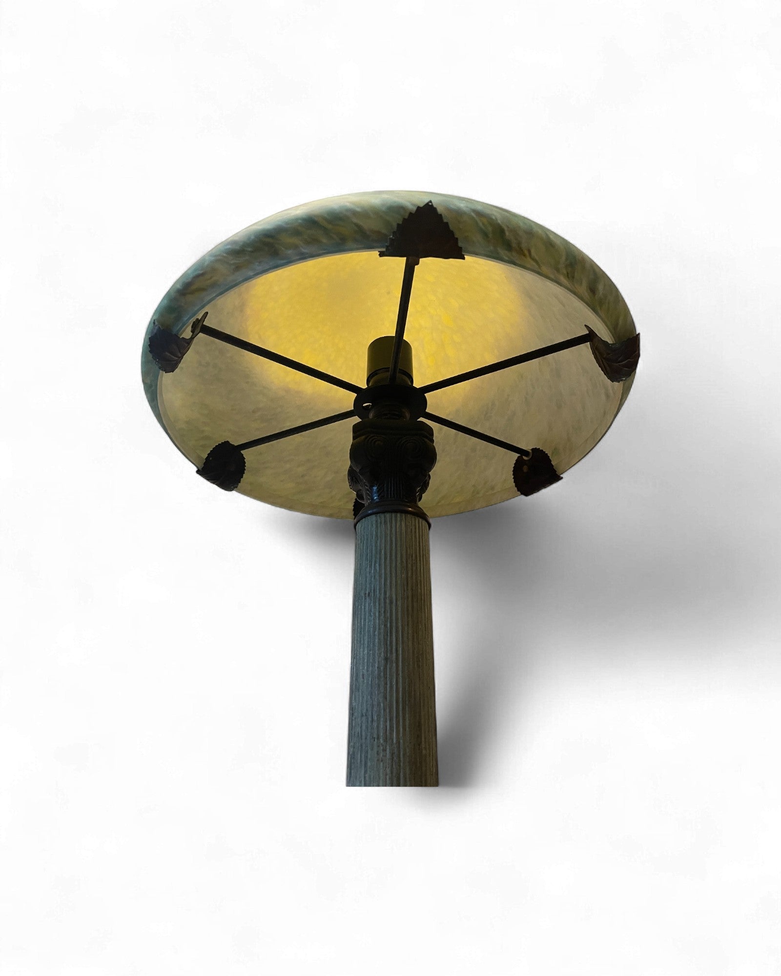 French Art Nouveau Brass Table Lamp with Iridescent Art Glass Shade