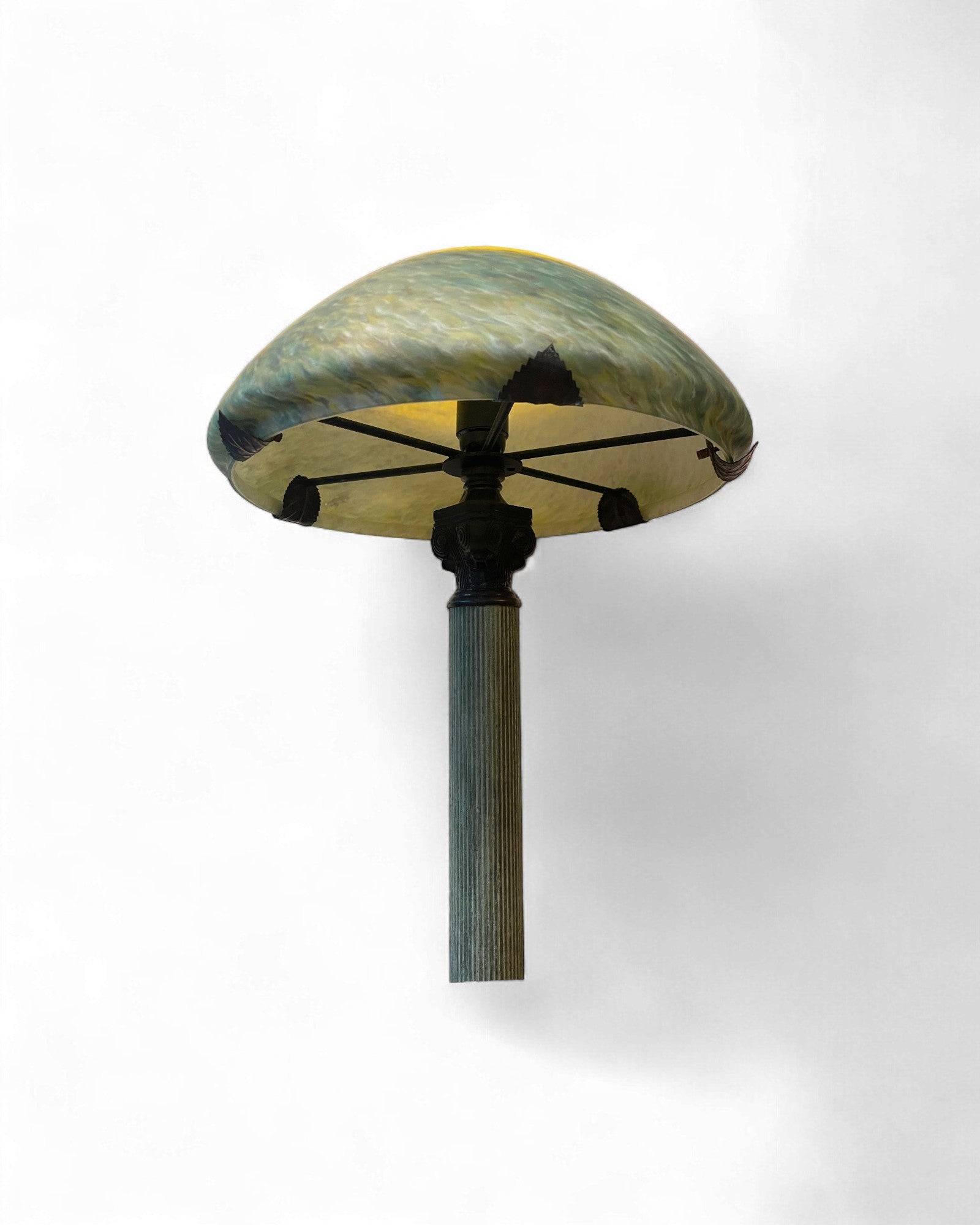 French Art Nouveau Brass Table Lamp with Iridescent Art Glass Shade