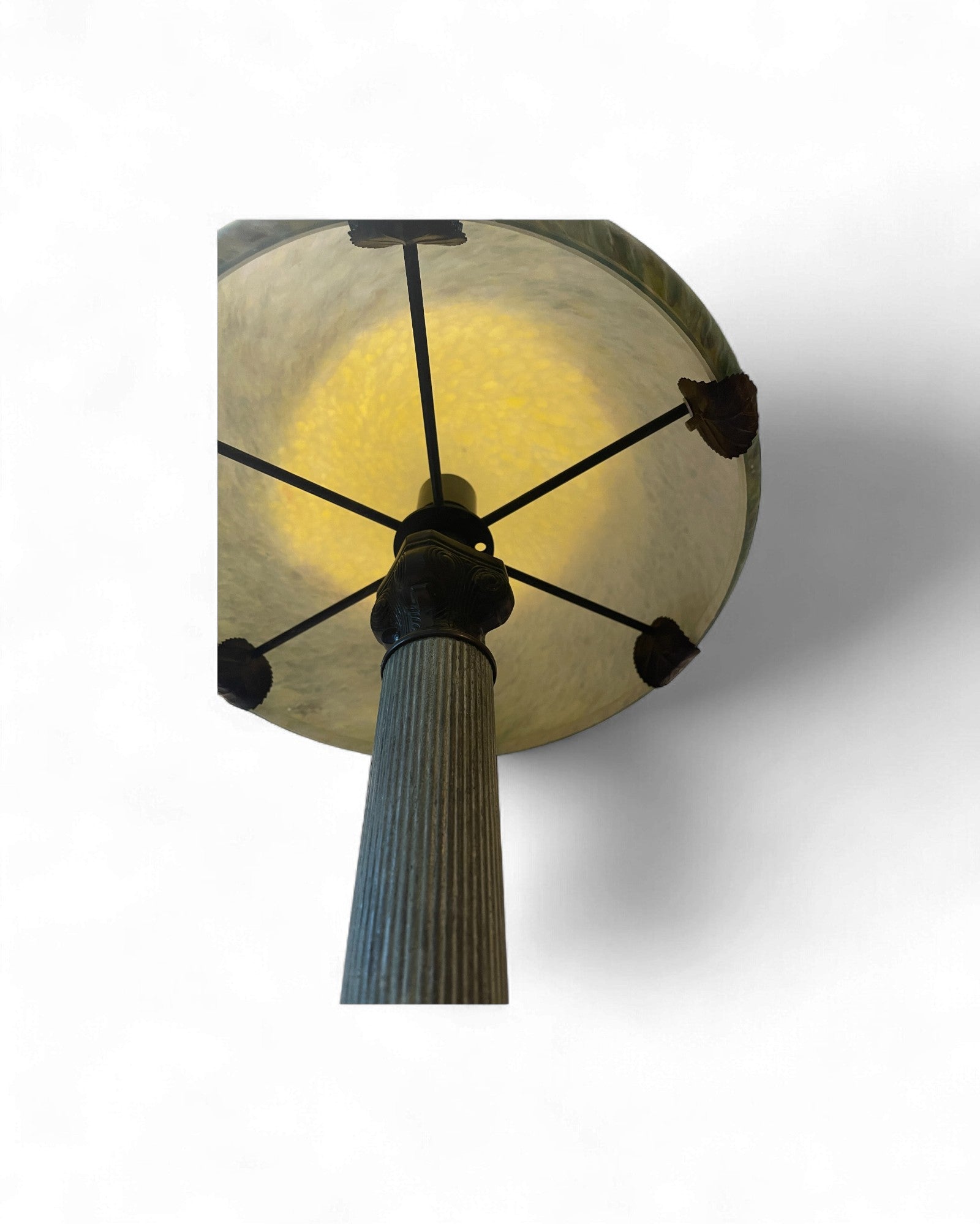 French Art Nouveau Brass Table Lamp with Iridescent Art Glass Shade