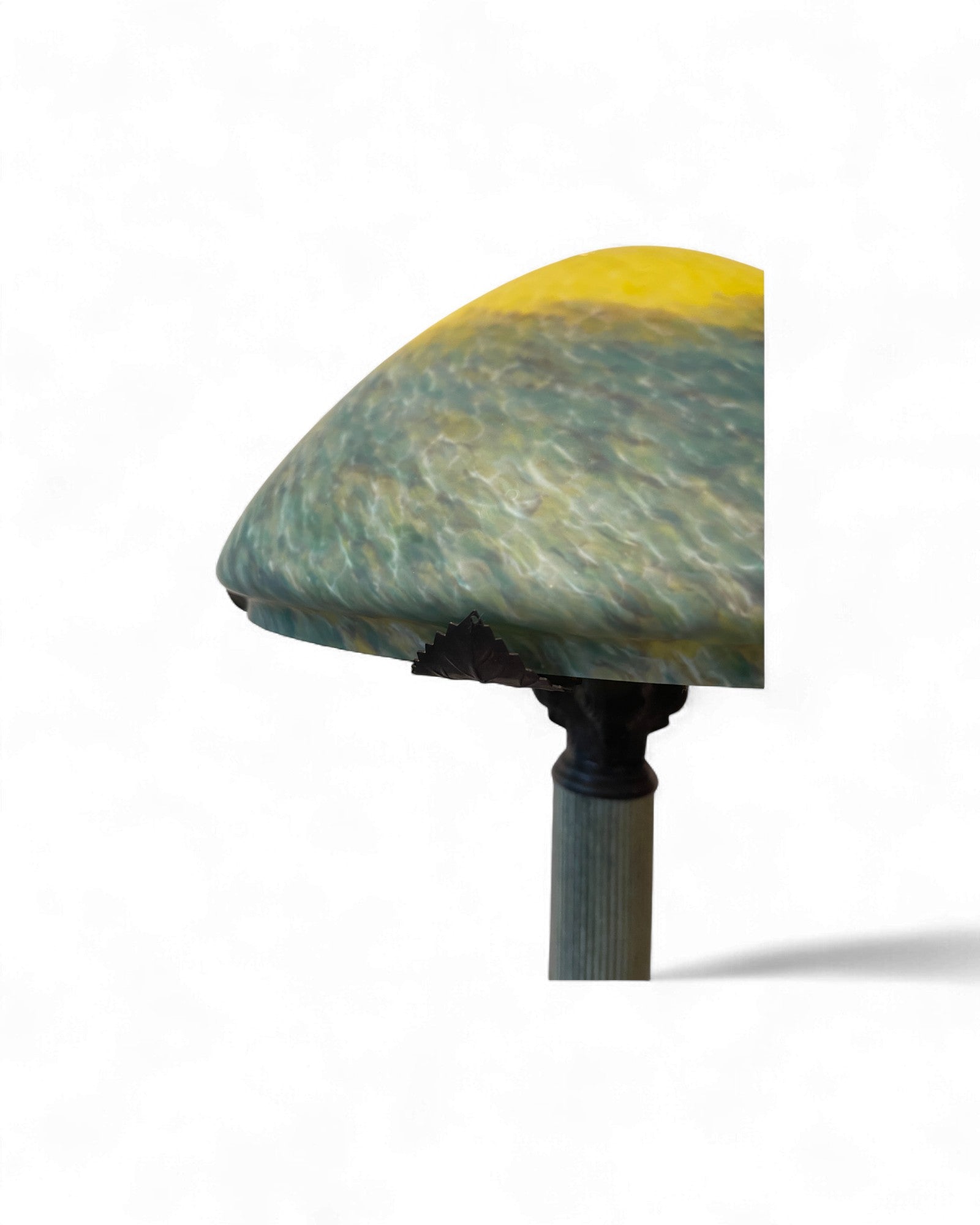 French Art Nouveau Brass Table Lamp with Iridescent Art Glass Shade