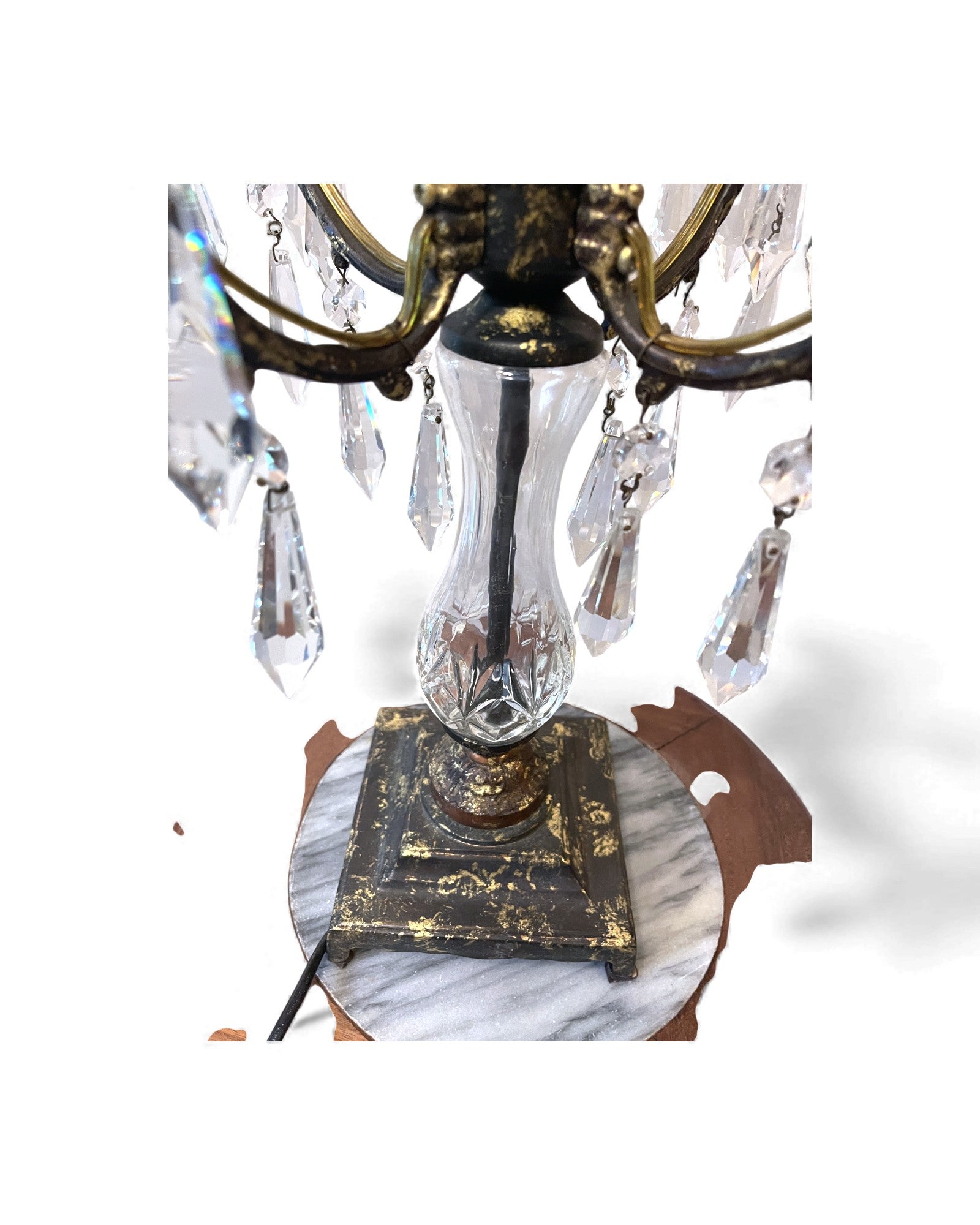 Mid-Century Hollywood Regency Brass & Cut Crystal Girandole Lamp - 4 Bulb