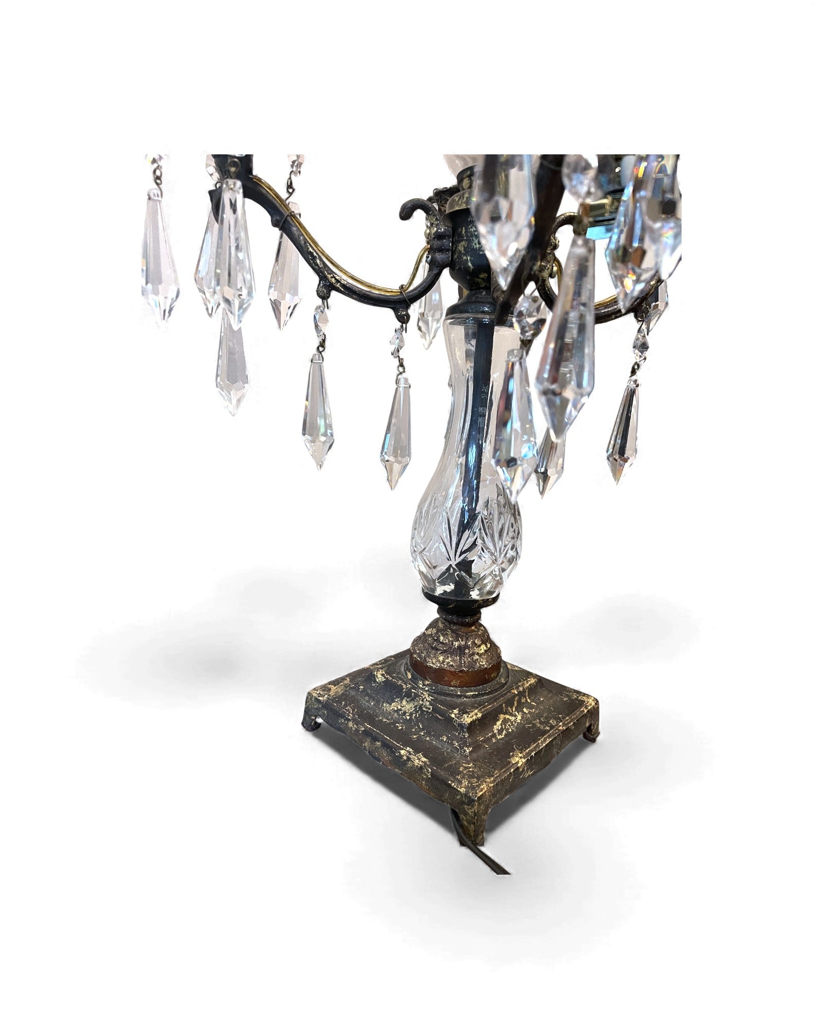 Mid-Century Hollywood Regency Brass & Cut Crystal Girandole Lamp - 4 Bulb