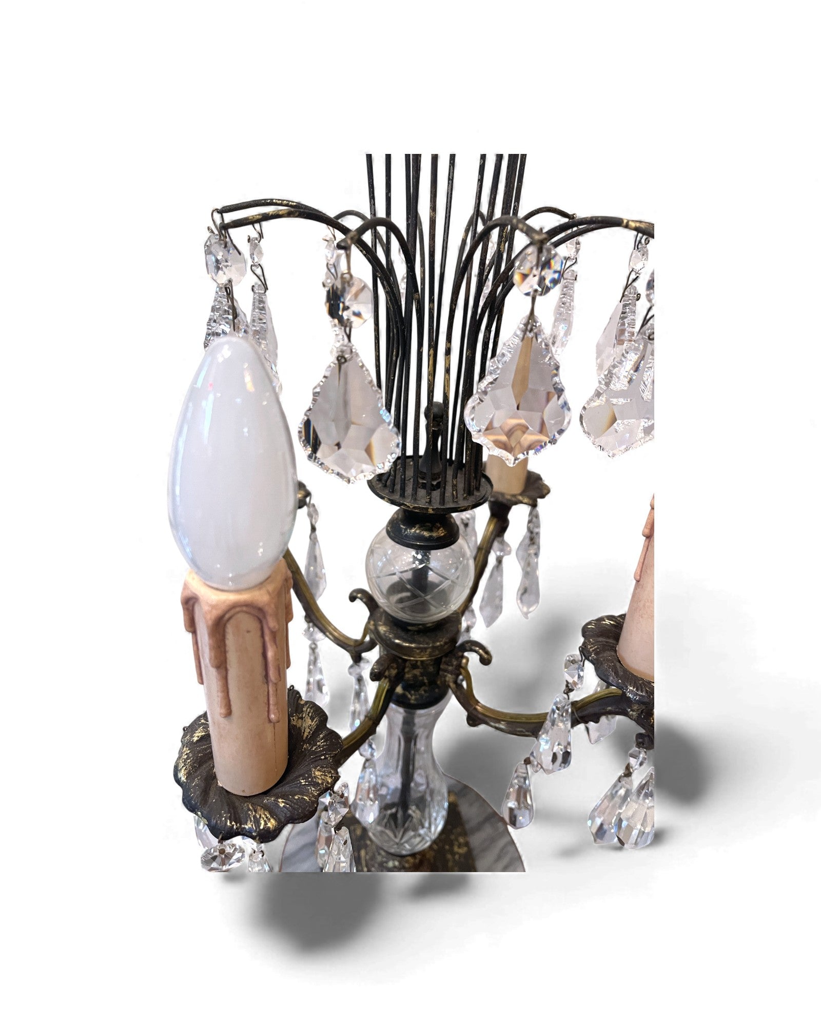 Mid-Century Hollywood Regency Brass & Cut Crystal Girandole Lamp - 4 Bulb