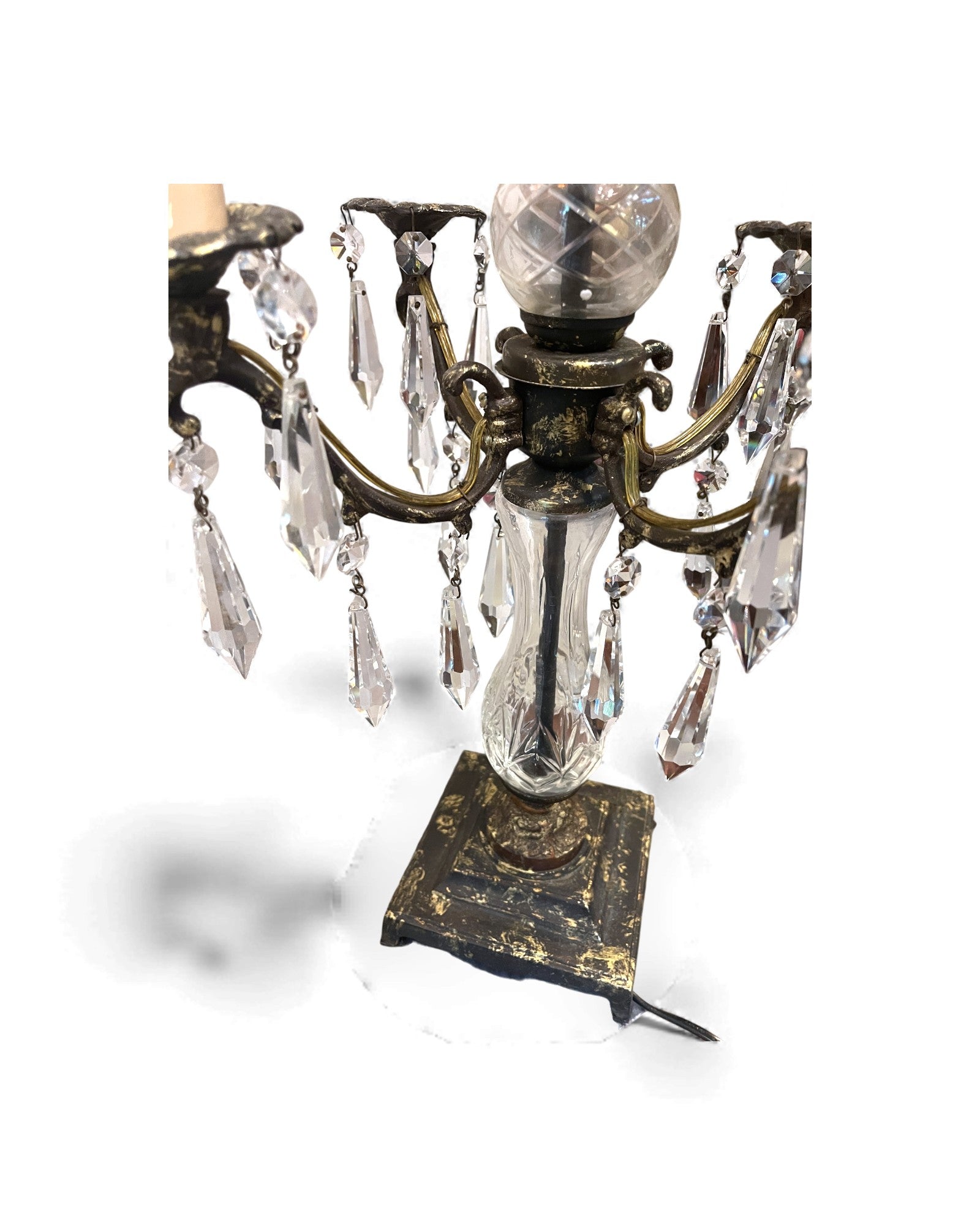 Mid-Century Hollywood Regency Brass & Cut Crystal Girandole Lamp - 4 Bulb