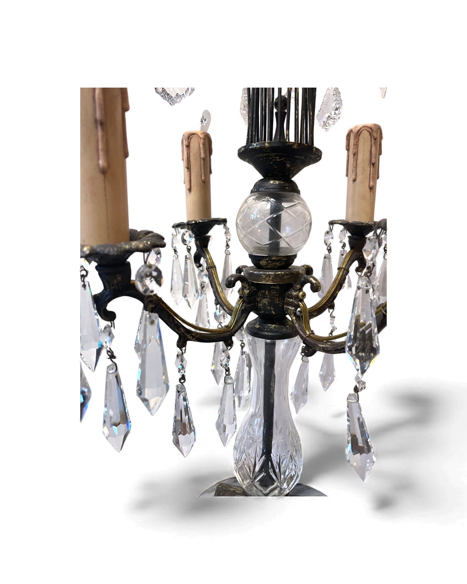 Mid-Century Hollywood Regency Brass & Cut Crystal Girandole Lamp - 4 Bulb